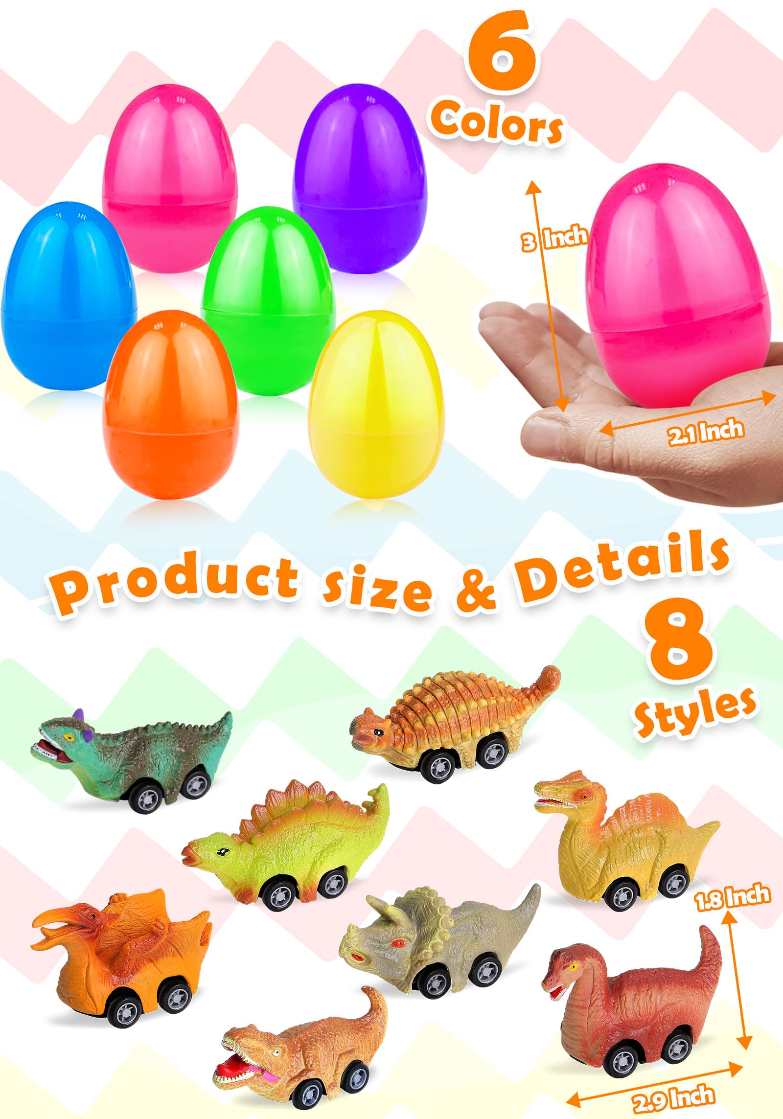 8 Pack Easter Eggs with Pull Back Dinosaur Cars - Fun Dinosaur Toys Inside for Kids & Toddlers - Perfect for Easter Basket Stuffers, Classroom Prizes, Easter Egg Hunts & Birthday Party Favors