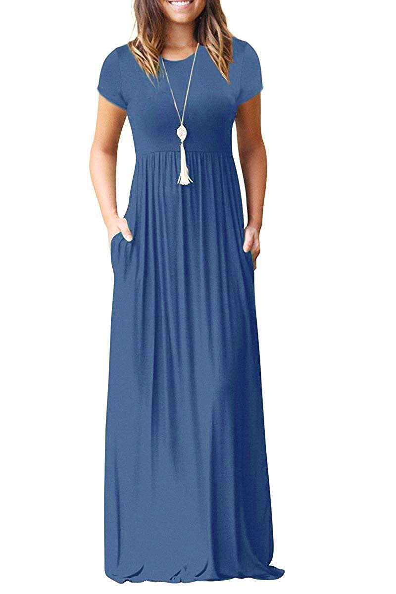 MISFAY Women's Short Sleeve Loose Plain Maxi Dress with Pockets - Casual Long Summer Dress for Beach, Vacation & Everyday Wear