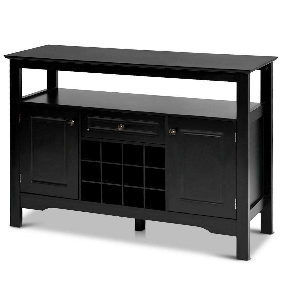 Black Kitchen Buffet Sideboard with 12-Bottle Wine Rack - Dining Room Storage Cabinet for Silverware, Utensils, Stemware & Dishware Organization | Perfect for Entertaining, Pantry Storage & Kitchen Essentials