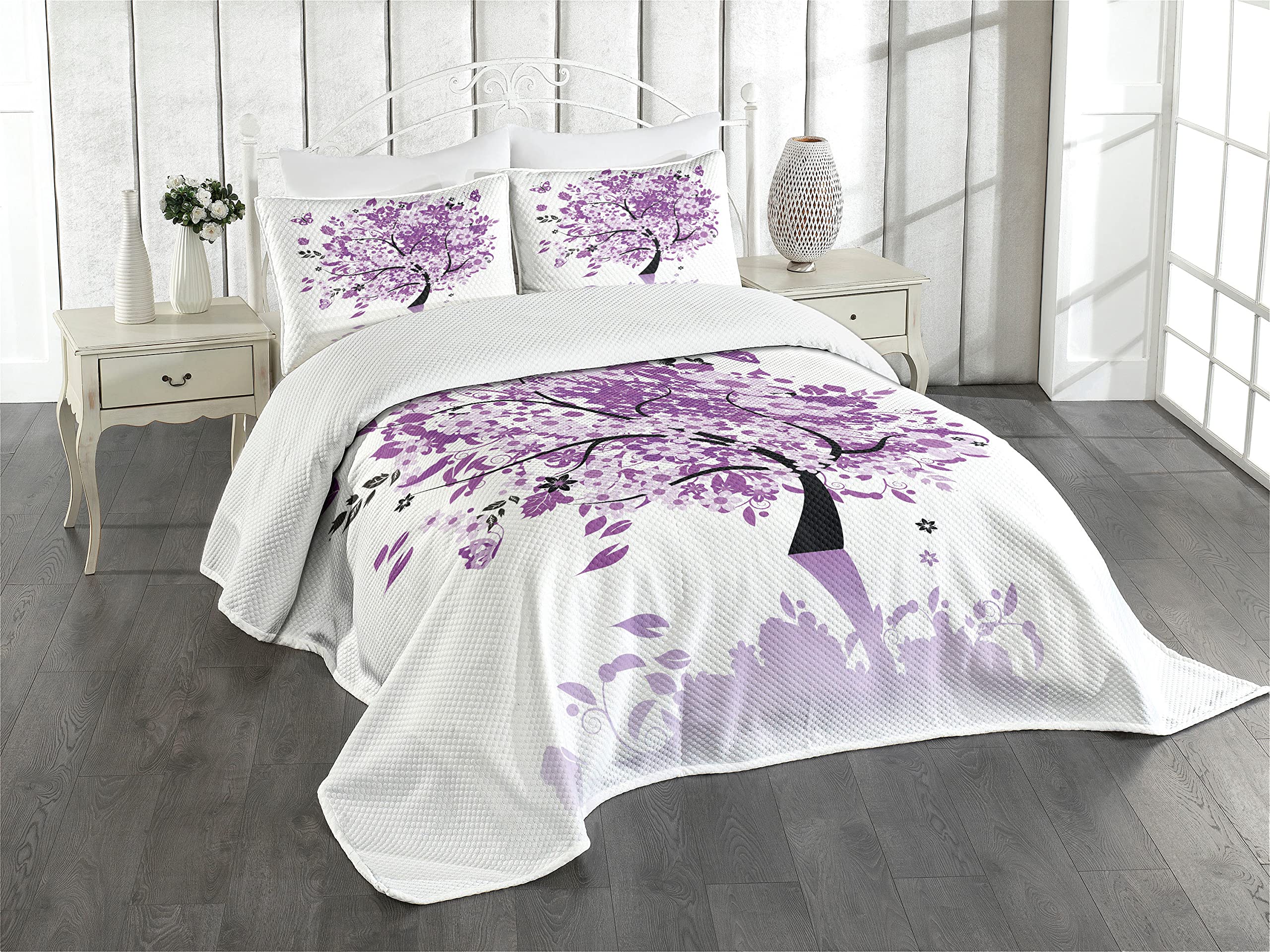 Ambesonne Nature King Size Bedspread Set - 3 Piece Decorative Bedding Coverlet with 2 Pillow Shams, Spring Tree of Life Design with Blooming Flowers & Butterflies in Lilac Purple - Perfect for Master Bedroom, Guest Room or Bohemian Home Decor