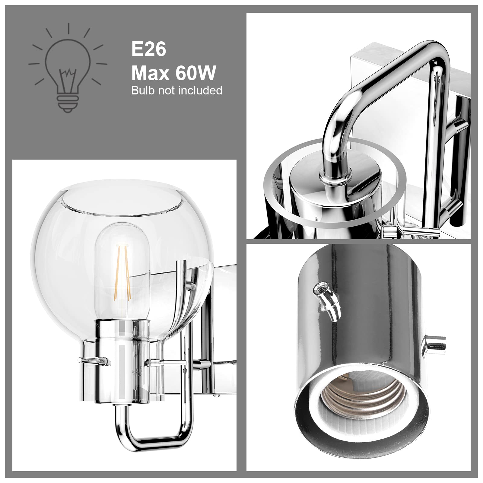 Tipace 5-Light Modern Chrome Bathroom Vanity Light Fixture - Stainless Steel Industrial Farmhouse Sconce with Clear Glass Globes for Mirror Lighting (Bulbs Not Included) - Perfect for Bathroom, Powder Room & Dressing Area