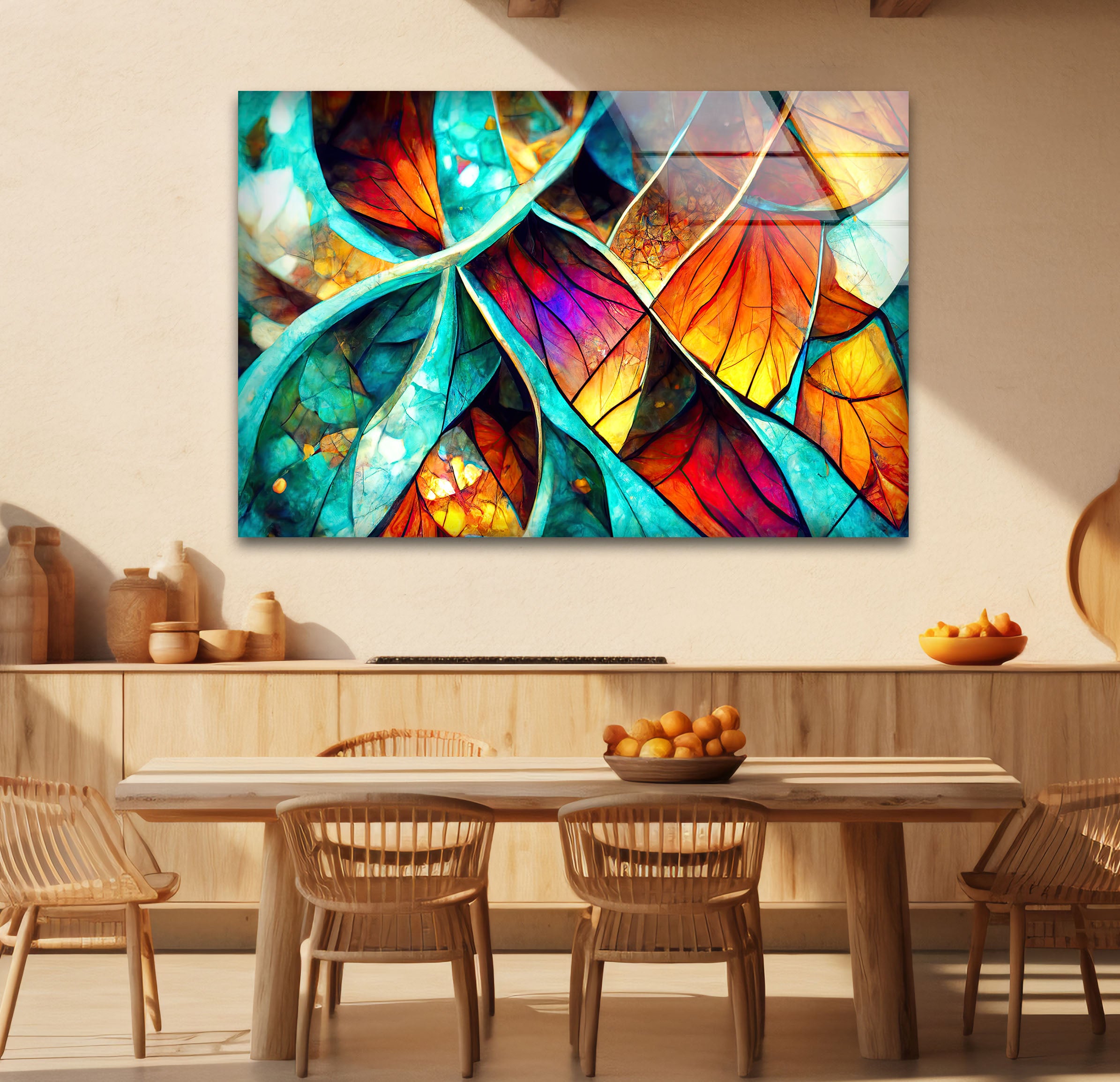 Abstract Stained Glass Leaf Wall Art - Vibrant Nature-Inspired Panel for Modern Home Decor | Perfect for Living Room, Bedroom & Office Decoration