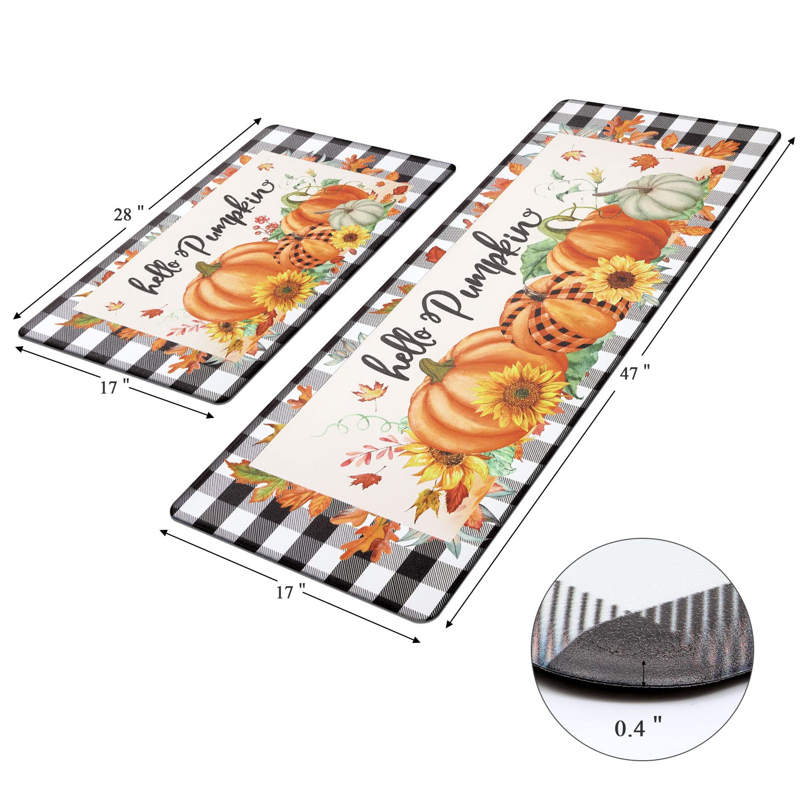 Pauwer Pumpkin Kitchen Rugs Set of 2 - Non-Slip Anti-Fatigue Farmhouse Floor Mats with Buffalo Plaid Design for Fall & Thanksgiving Decor | Perfect for Kitchen, Dining Room, and Entryway