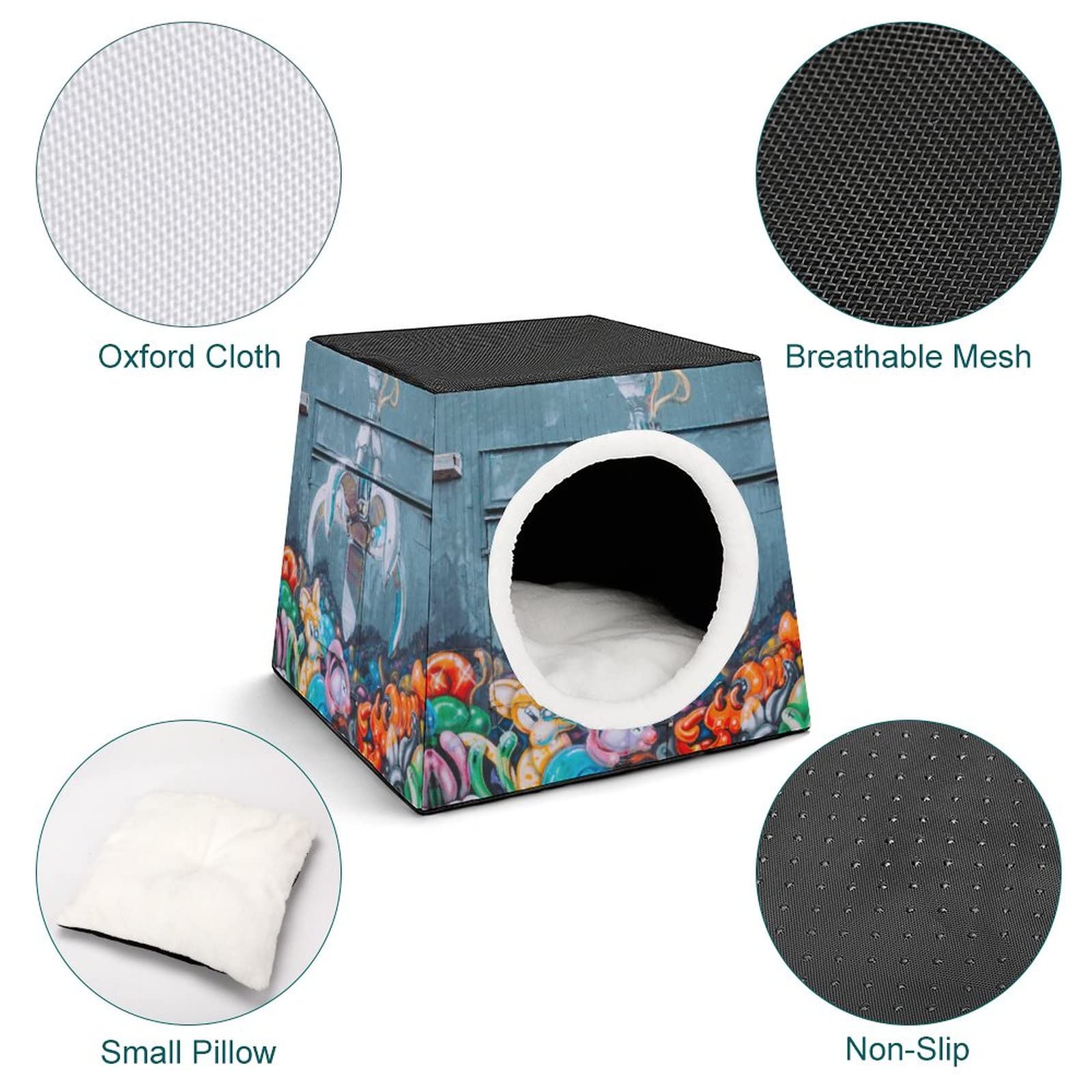 Printed Cat Cube Kitty House - Indoor Cat Bed & Small Dog Shelter - Warm Cozy Pet Sofa with Cartoon Animal Graffiti - Perfect for Home, Apartment & Office Pet Lounging