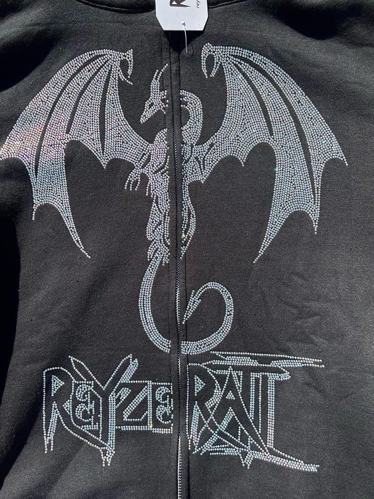 Y2K Men's Fashion Streetwear Zip-Up Hoodie with Fire Dragon Rhinestone Design - Unisex Sports Jacket for Casual Wear & Street Style