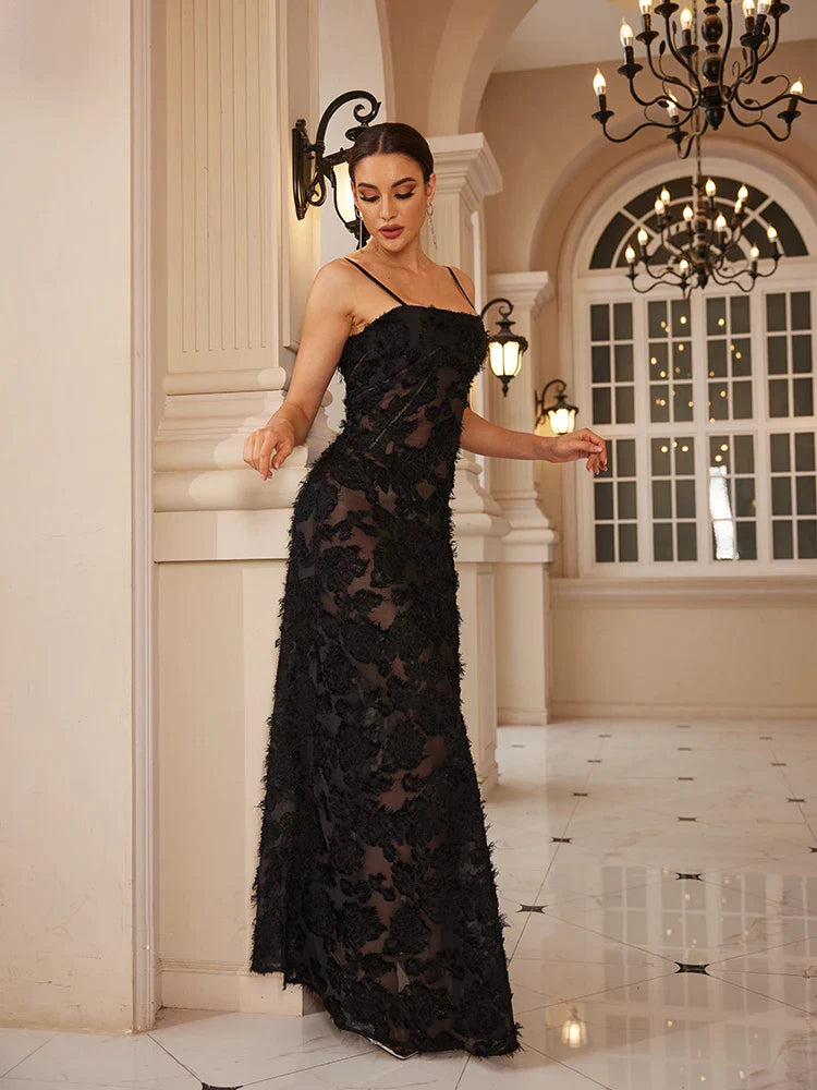Elegant Black Applique Maxi Dress for Women - Formal Occasion & Party Gown - Perfect for Dancing, Weddings, and Evening Events