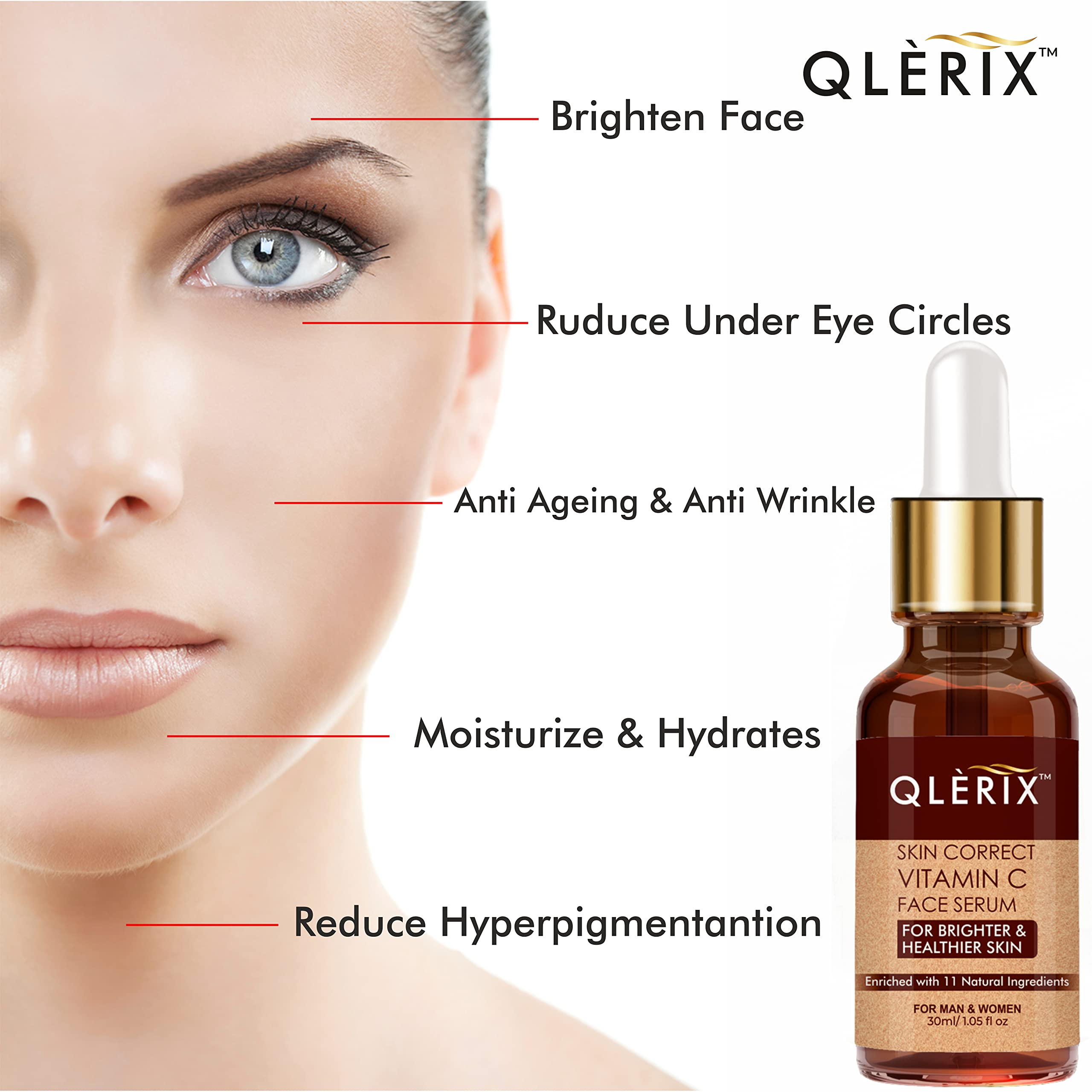 QLERIX Advanced Vitamin C Face Serum with Hyaluronic Acid - Brightening & Anti-Aging Treatment for Glowing Skin | Reduces Hyperpigmentation & Wrinkles | 30ml | Perfect for Daily Skincare Routine & Nighttime Regimen