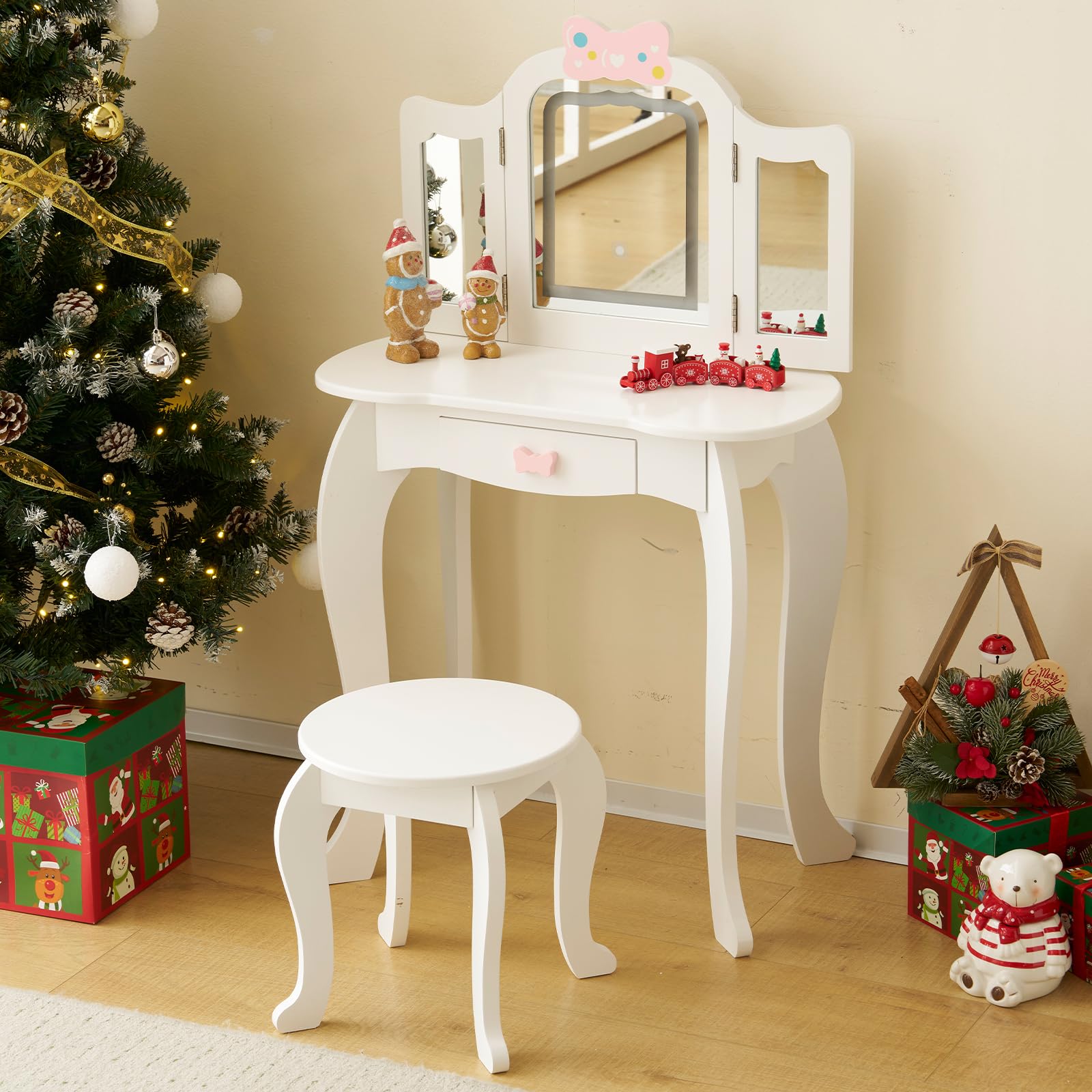 Karl Home Kids Makeup Vanity Set with LED Lights - Princess Pretend Play Desk & Chair for Girls, 3-Color Mirror, Storage Drawer & Bow Print - Perfect for Toddler Dress Up & Role Play Games (White)