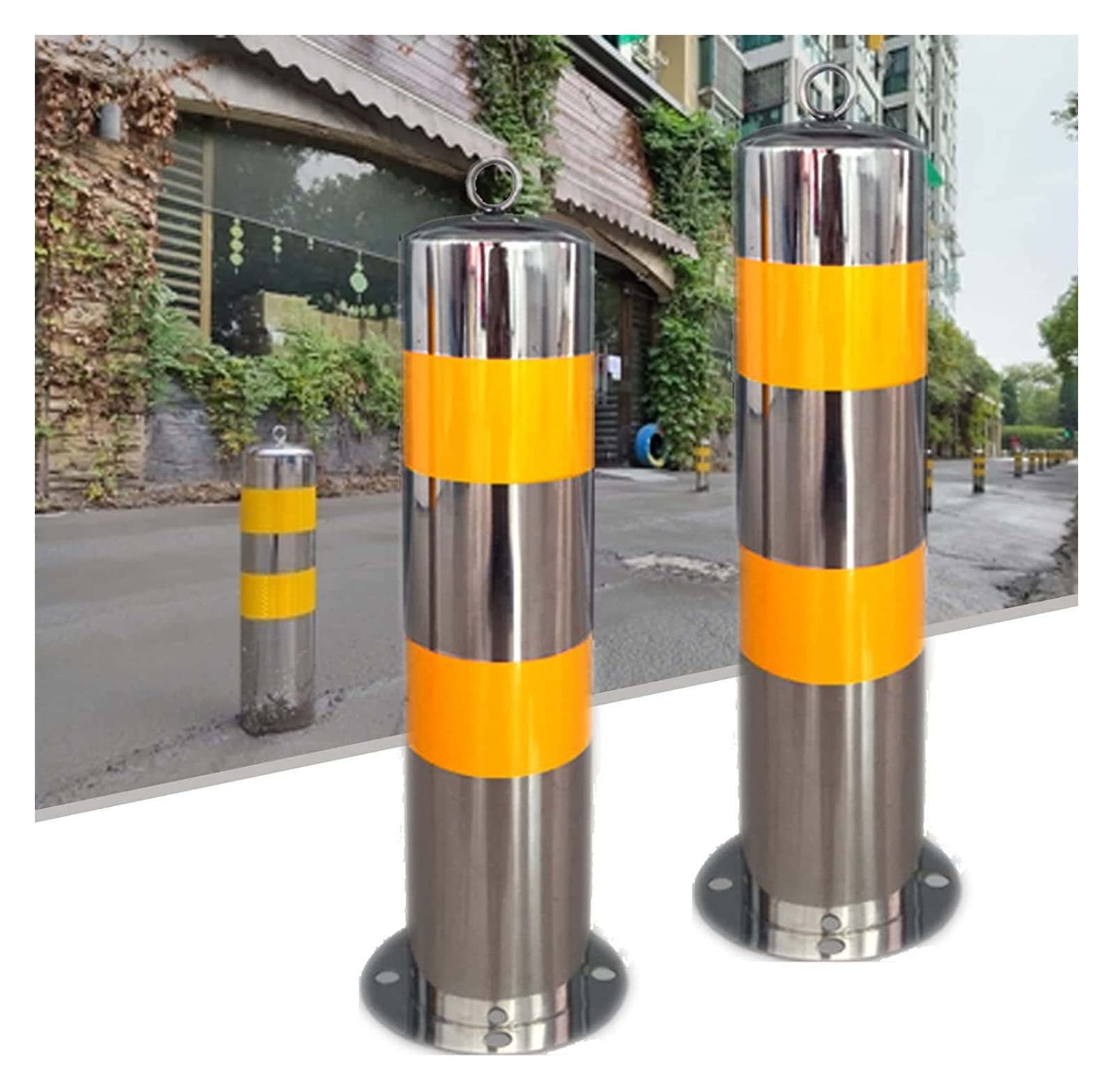 Stainless Steel Security Posts for Driveways - 114mm Wide Reflective Parking Barrier with Concrete Base - Heavy Duty Metal Bollards for Driveway Protection & Traffic Control - Perfect for Parking Lots, Garages & Commercial Properties (2-Pack)