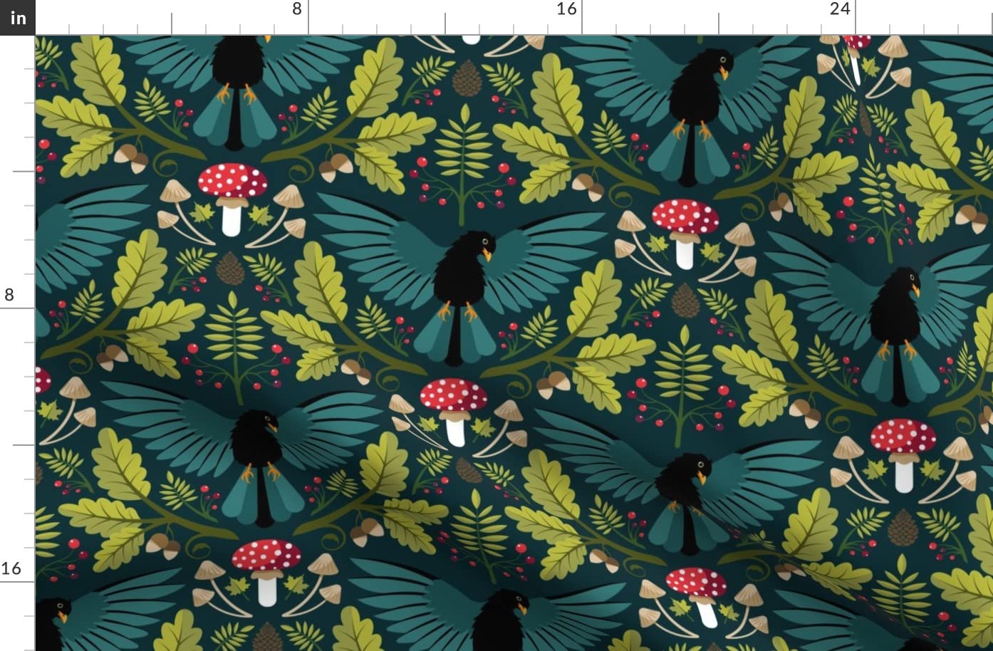 Mushroom and Blackbird Printed Fleece Fabric Fat Quarter - Soft & Cozy for Sewing Blankets, Loungewear, DIY No-Sew Projects - Perfect for Home Decor & Crafting