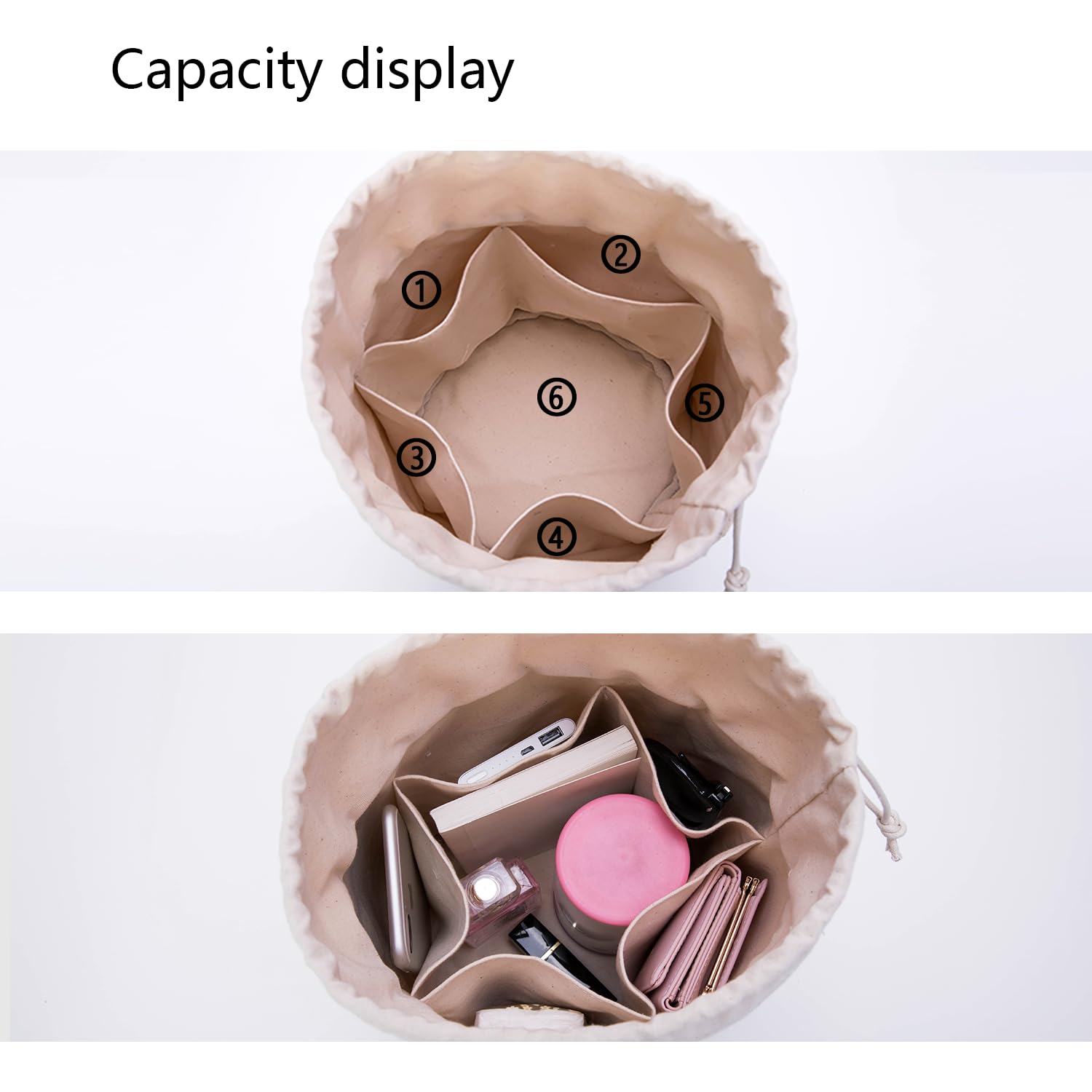 Tall Round Handbag Organizer Insert for Women - Canvas Purse Storage & Cosmetic Pouch - Perfect for Bucket Bags, Makeup Storage & Travel Organization
