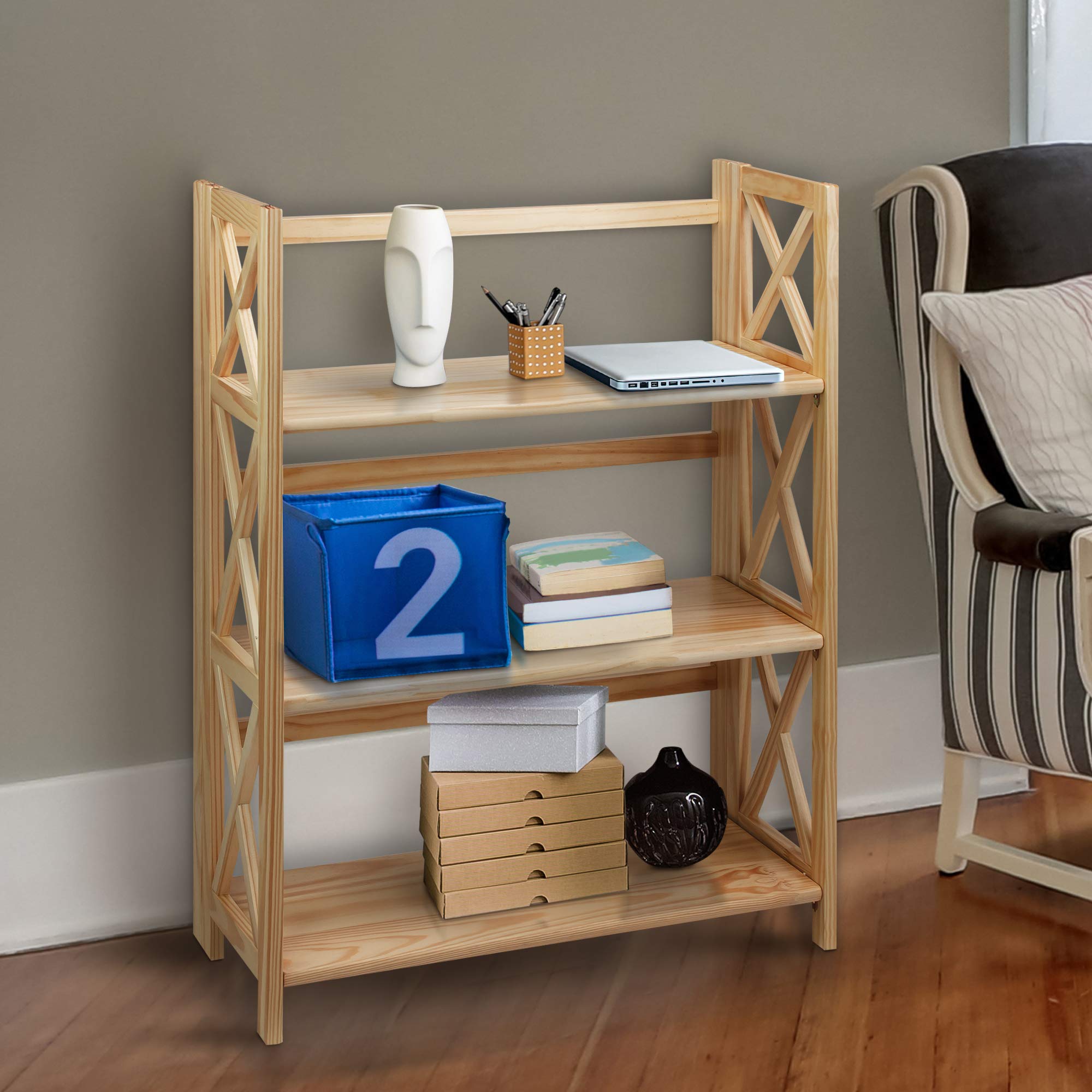 Casual Home Montego 3-Shelf Folding Bookcase - Natural Wood Storage Shelf for Books, Toys & Decor | Space-Saving Organizer for Bedroom, Living Room & Office