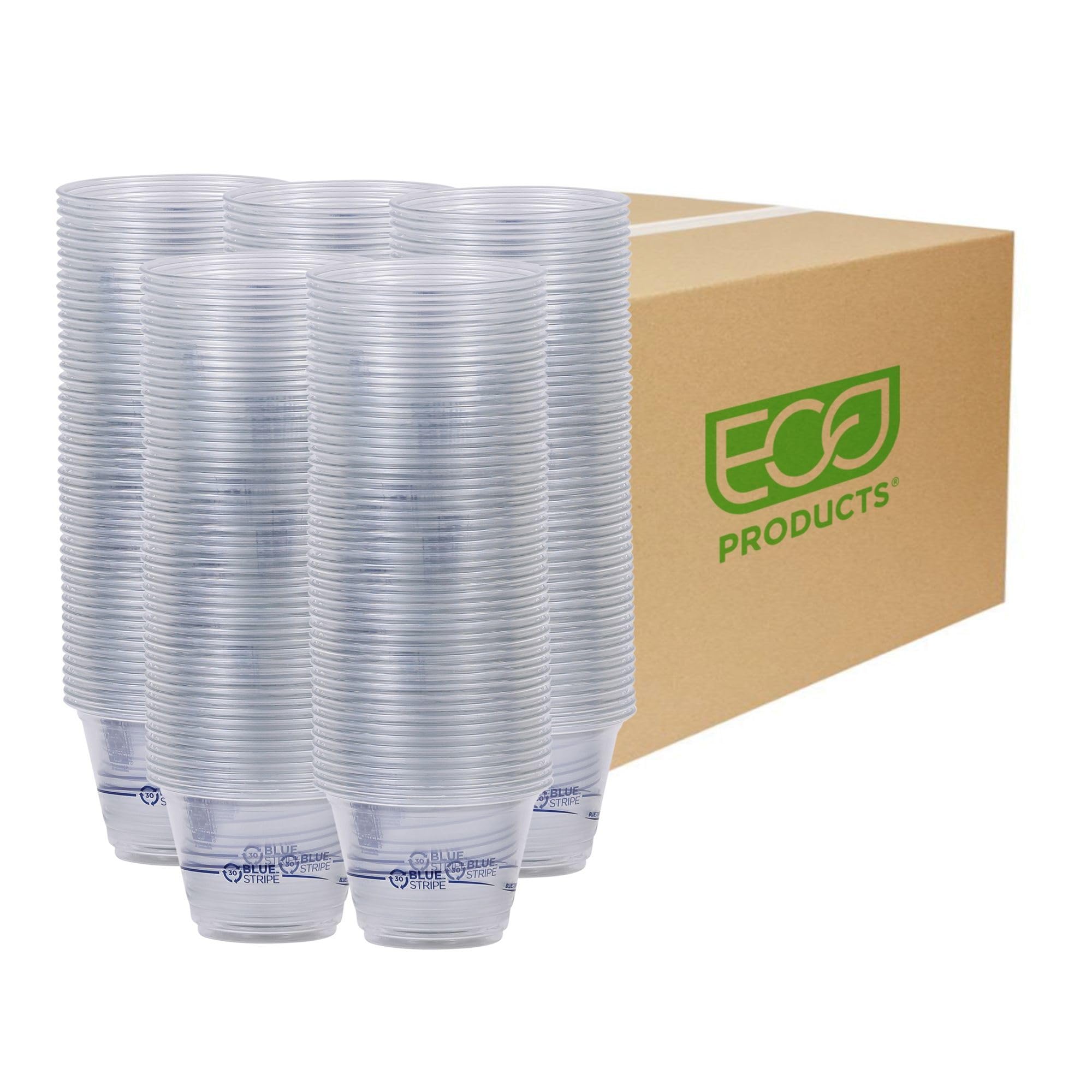 Eco-Friendly Blue Stripe 9oz Recycled Plastic Cups - Case of 1000 (30% Post-Consumer rPET) - Clear Cold Drink & Snack Containers for Parties, Picnics & Events - Sustainable Disposable Cups for Smoothies, Iced Coffee & Beverages