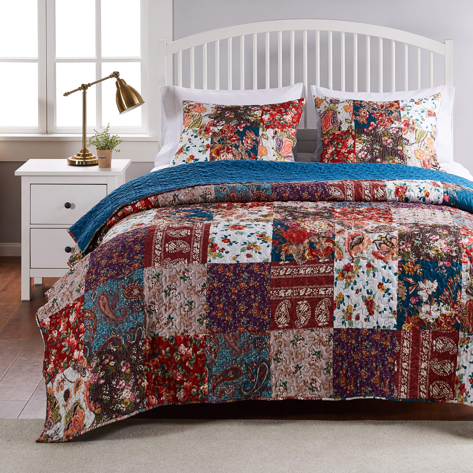 Barefoot Bungalow Poetry 3-Piece Quilt and Pillow Sham Set - Full/Queen Size Bedding - Soft Cotton Farmhouse Style Comforter Cover - Perfect for Cozy Bedrooms, Guest Rooms & Boho Chic Decor