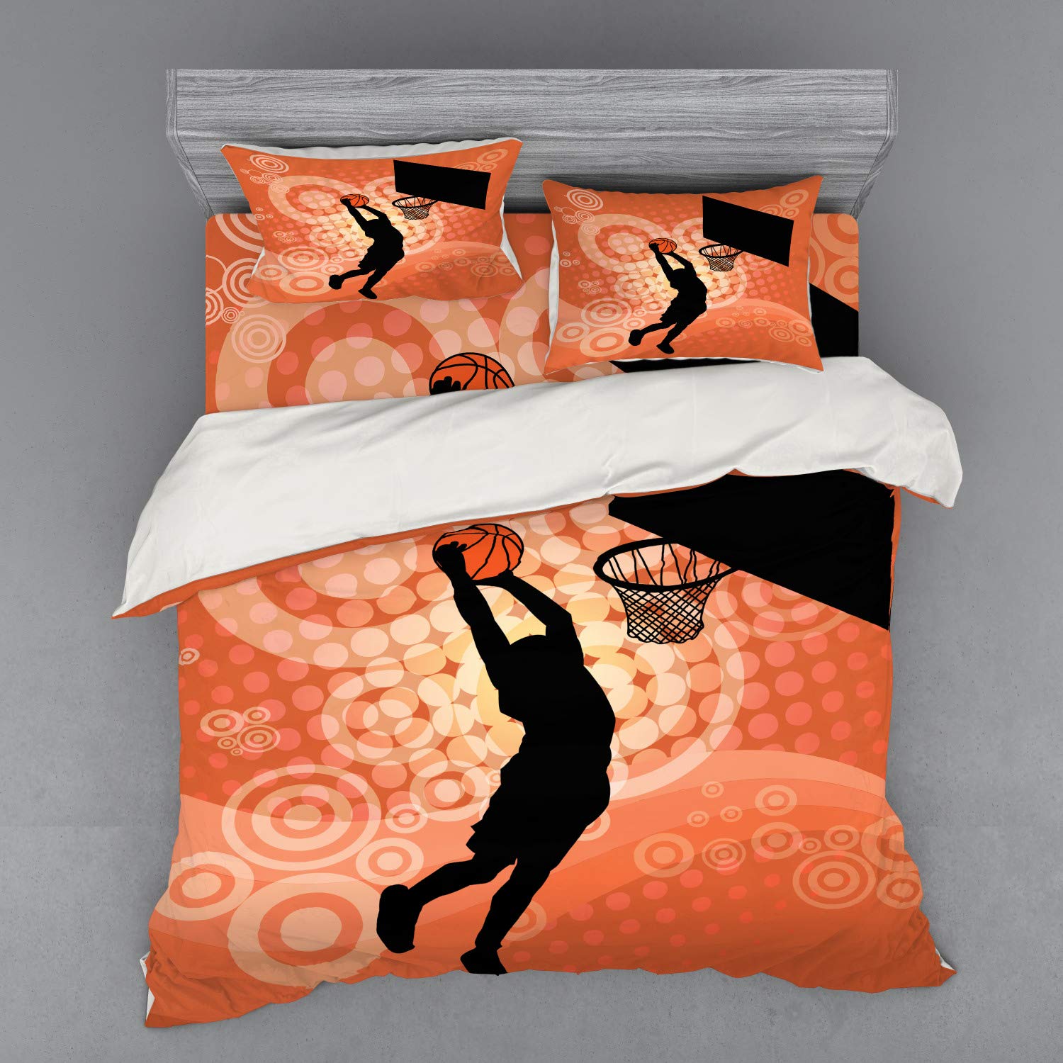 Ambesonne Basketball Bedding Set - King Size 4-Piece Duvet Cover with Shams & Fitted Sheet, Basketball Player Silhouette Design in Pale Orange & Black - Perfect for Sports Fans, Athletes & Teen Boys' Bedrooms