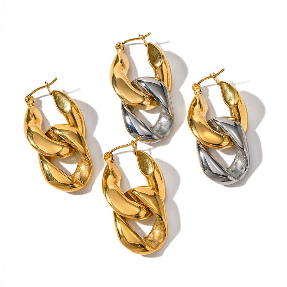 18K Gold Duo Tone Chain Hoop Earrings for Women - Classic Elegant Jewelry Gift for Birthday, Anniversary & Special Occasions | JDE684