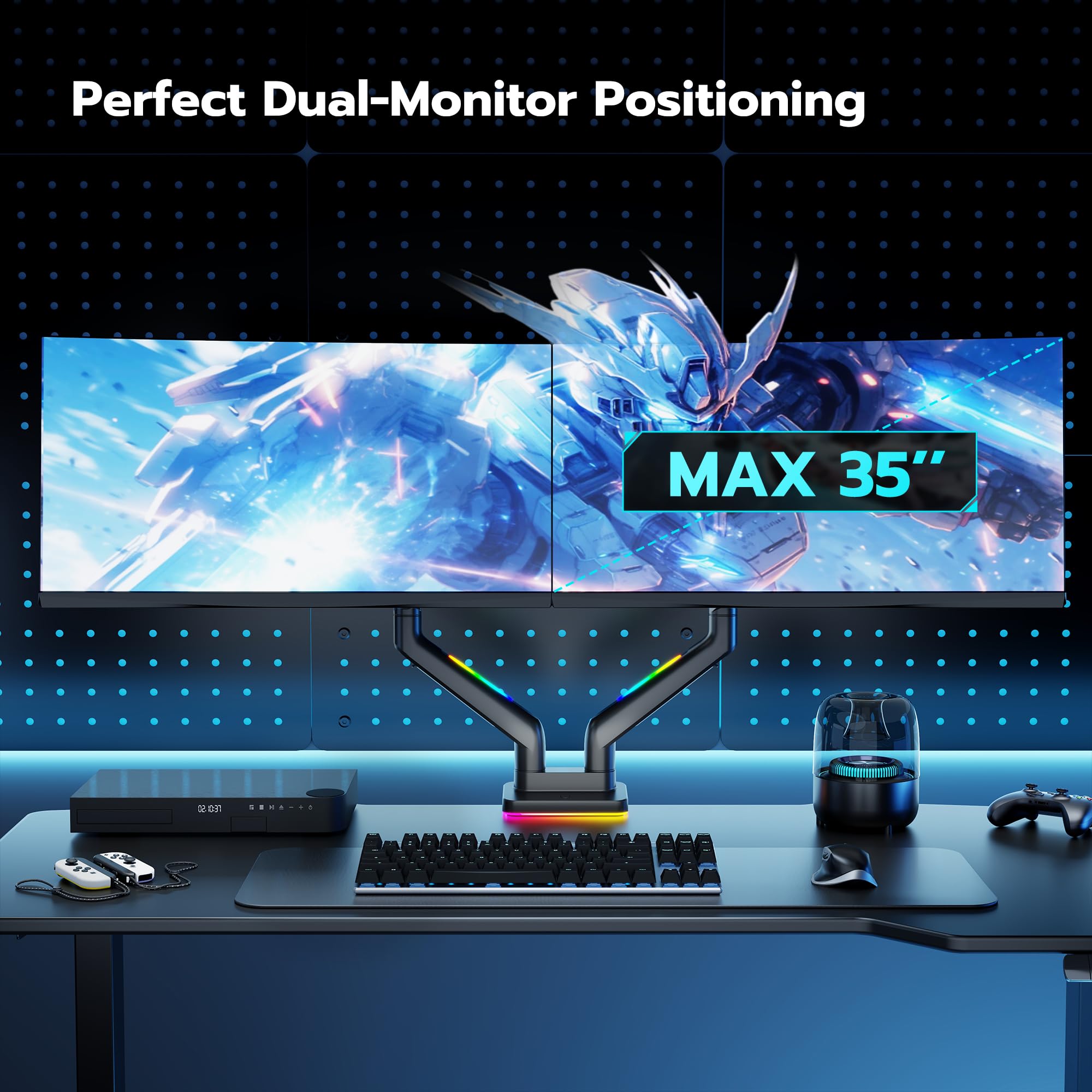 ARES WING Dual Monitor Arm Stand for 17-35 Inch Screens - Heavy Duty Adjustable Gas Spring RGB Monitor Mount with Clamp/Grommet Base, 75/100mm VESA Compatible - Perfect for Gaming Setup, Home Office & Workstation (Black)