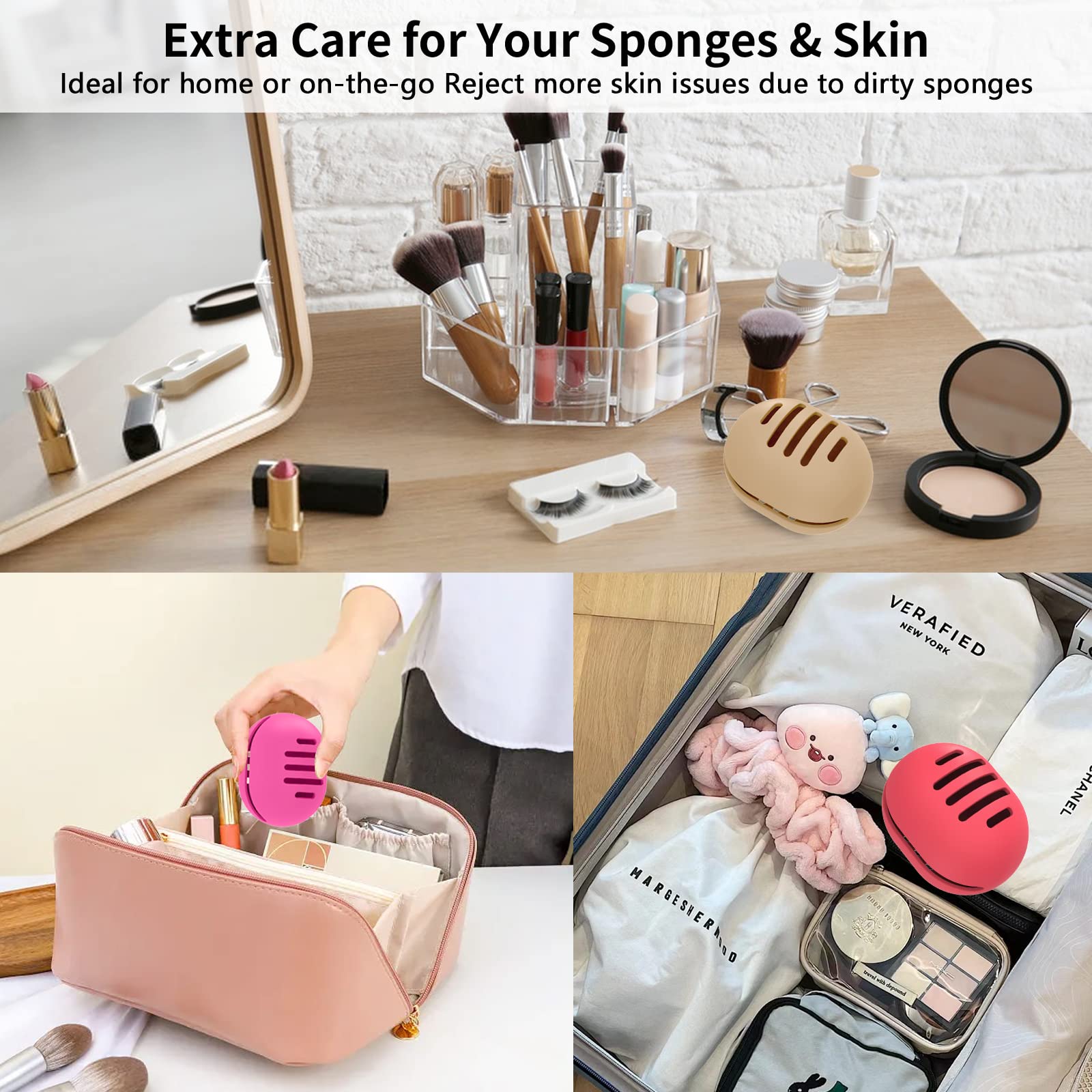 3PCS Double-Sided Breathable Silicone Makeup Sponge Holder - Travel-Friendly Beauty Blender Case for All Sponges, Shatterproof & Sanitary Reusable Design (Black, Coffee, Khaki) - Perfect for Travel, Gym & Daily Makeup Organization