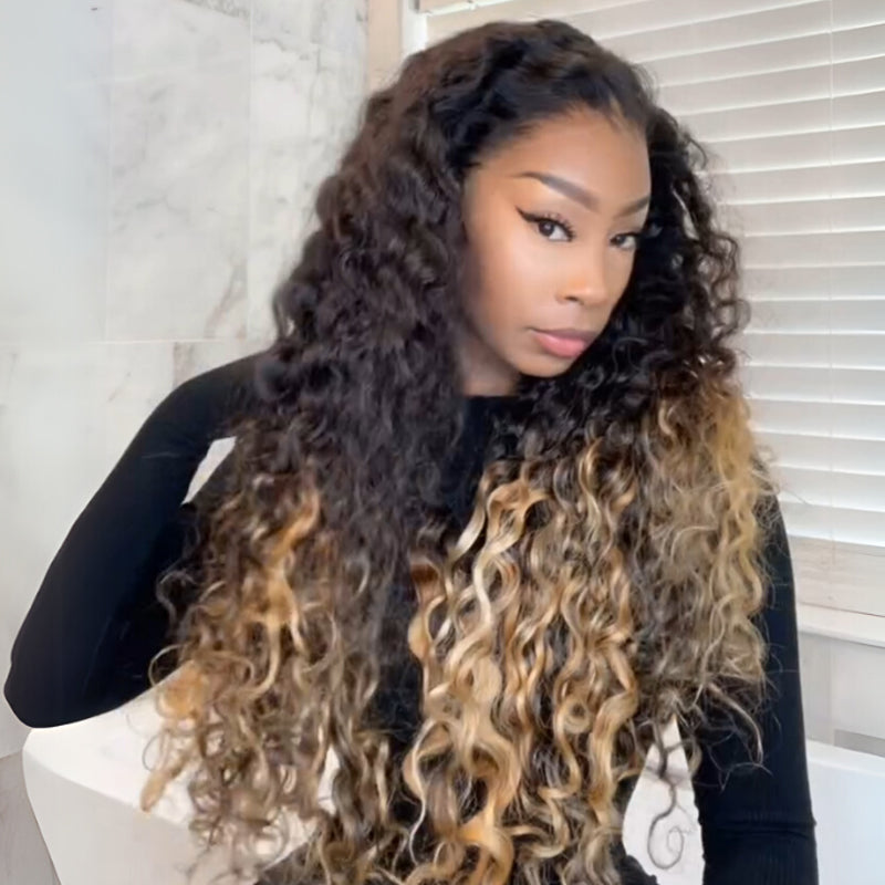 Eullair Ombre 1B Honey Blonde Water Wave Glueless Lace Frontal Wig - HD Lace Pre-Colored Two-Tone Curly Human Hair Wig - Easy Install & Low Maintenance (EW004) - Perfect for Daily Wear, Cosplay & Special Occasions
