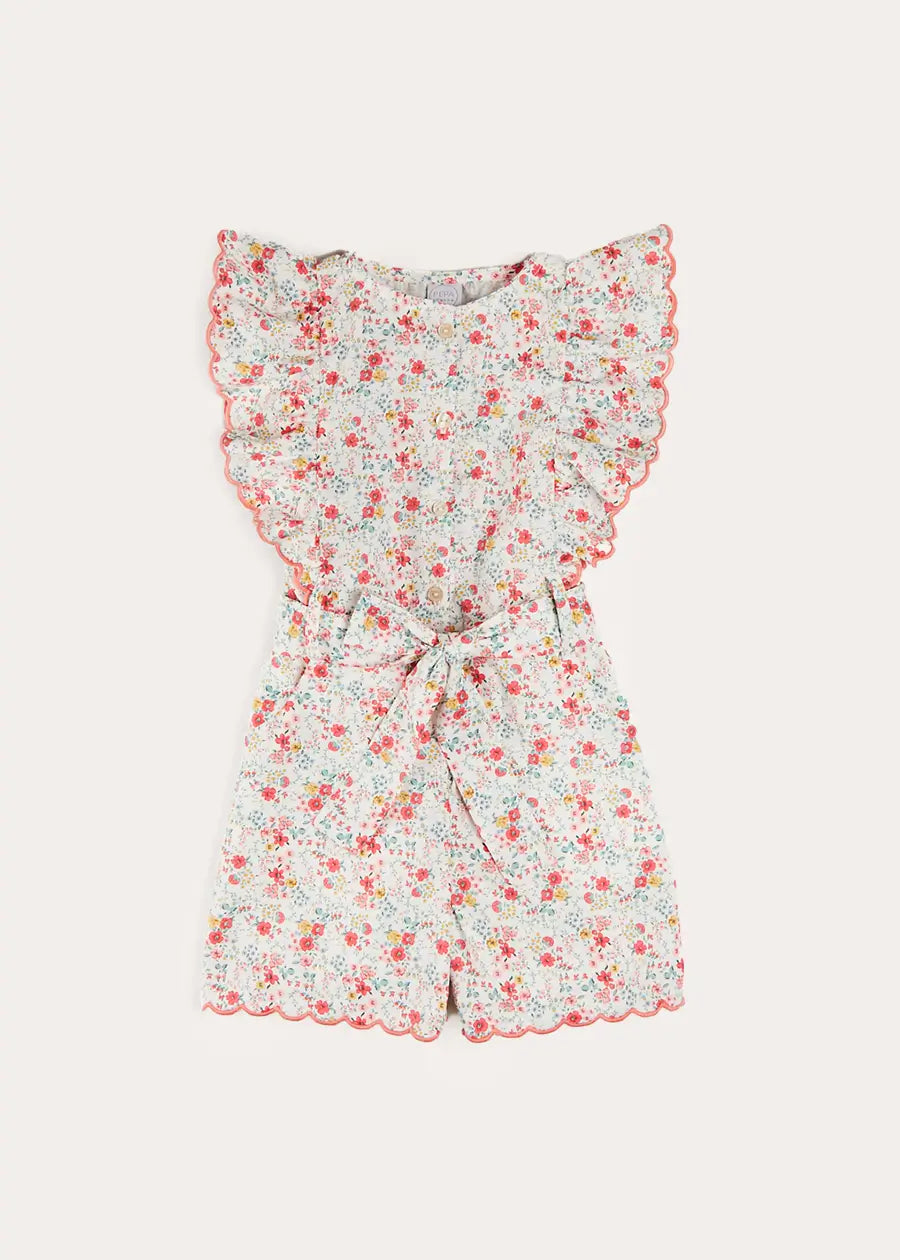 Louisa Floral Ruffle Detail Pink Playsuit for Girls 4-12 Years | Summer Romper Jumpsuit for Outdoor Play & Birthday Parties