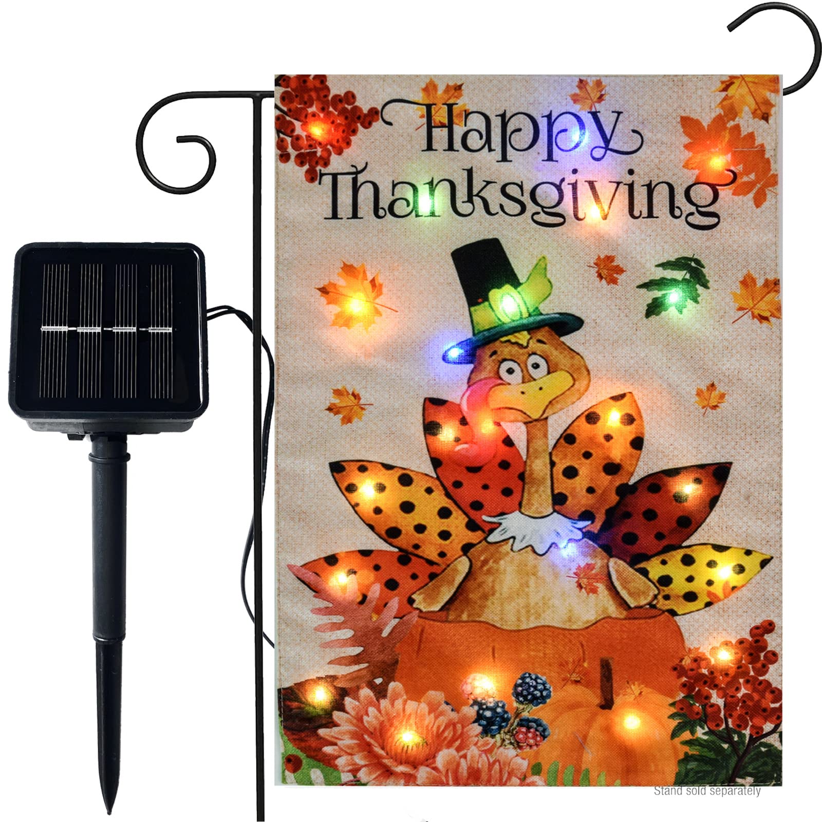 Solar LED Thanksgiving Turkey Garden Flag with Lights - Double Sided 12x18 Inch Burlap Yard Decor for Farmhouse, Patio, Lawn - Outdoor Holiday Decoration for Thanksgiving, Fall Season, and Harvest Festival Celebrations