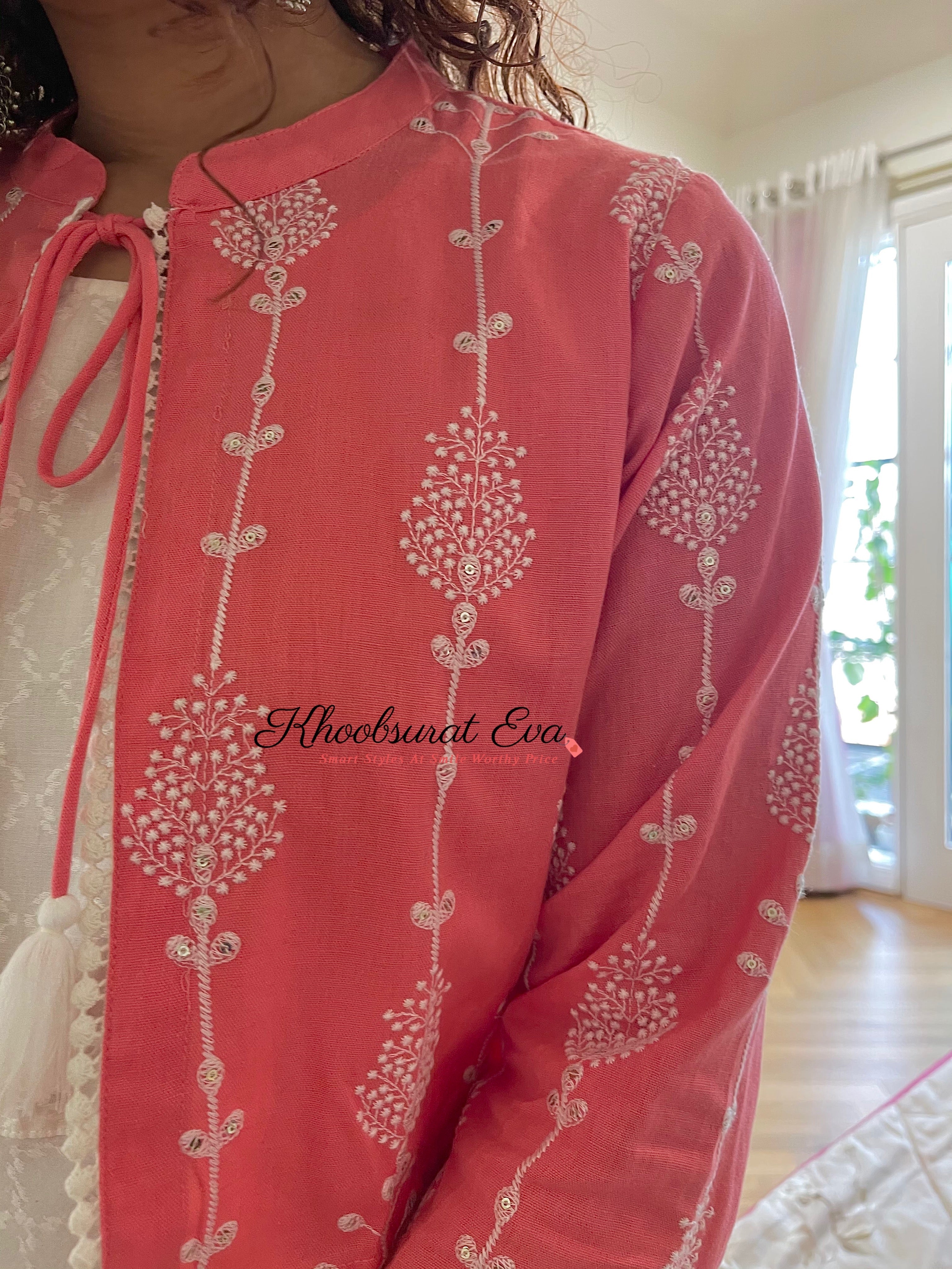 Elegant Pink & White Embroidered Jacket and Maxi Dress Set (2-Piece) - Perfect for Weddings, Parties & Special Occasions