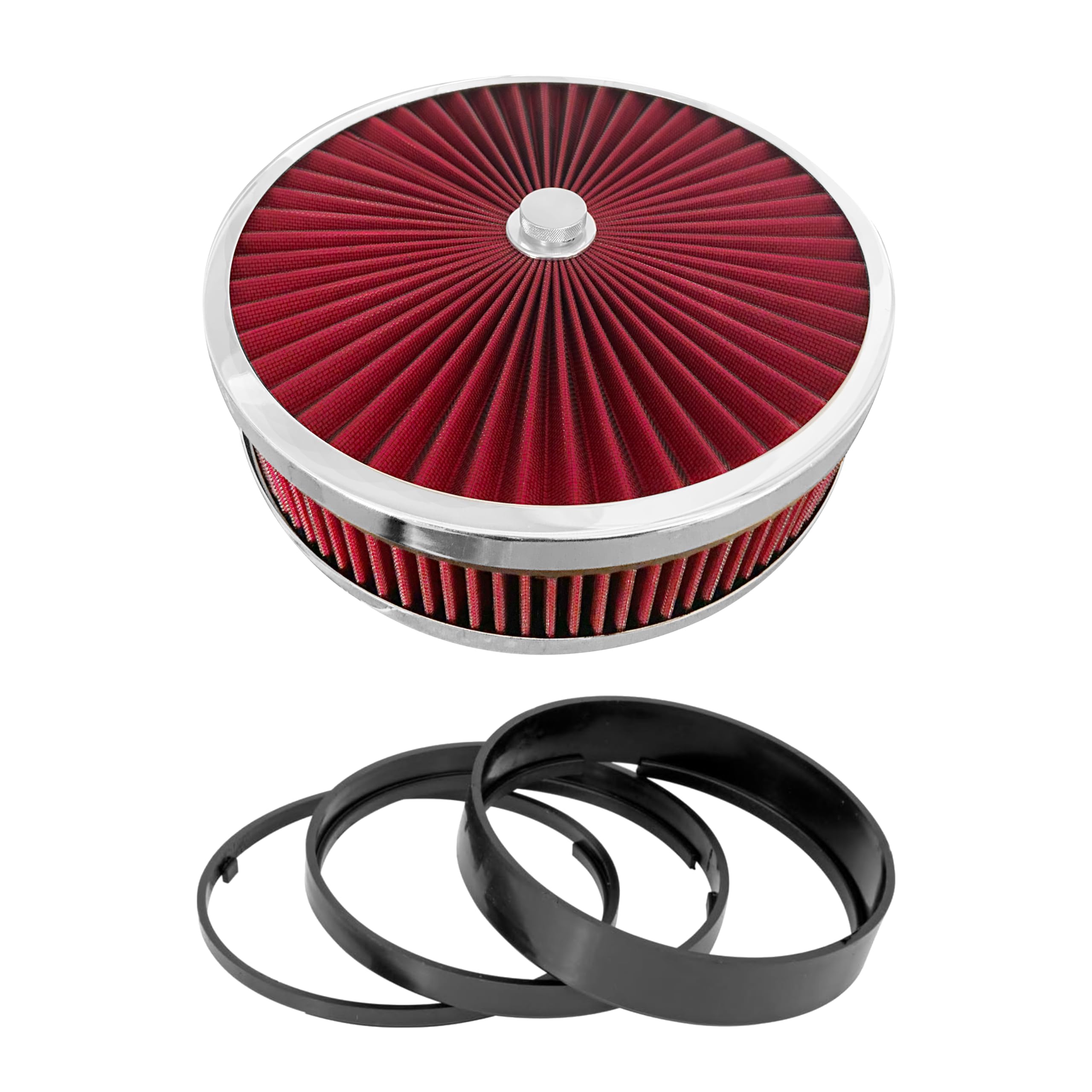 Super Flow Round 14''X2'' Washable Reusable Air Filter Assembly Kit (Red) with Mounting Stud, Wing Nut & Air Cleaner Riser Kit - Compatible with 4 Barrel Carburetor V8 Engines - Perfect for Performance Upgrades & Engine Maintenance
