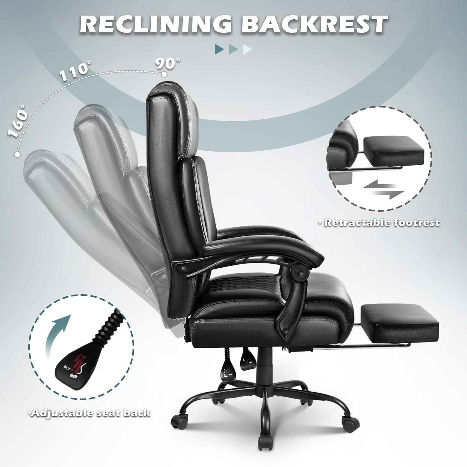 Big and Tall Office Chair with Footrest 400lbs - Heavy Duty Executive Leather Chair for Heavy People - Ergonomic High Back Desk Chair with Lumbar Support - Comfortable for Long Hours - Perfect for Home Office, Gaming, and Workspaces (Black)