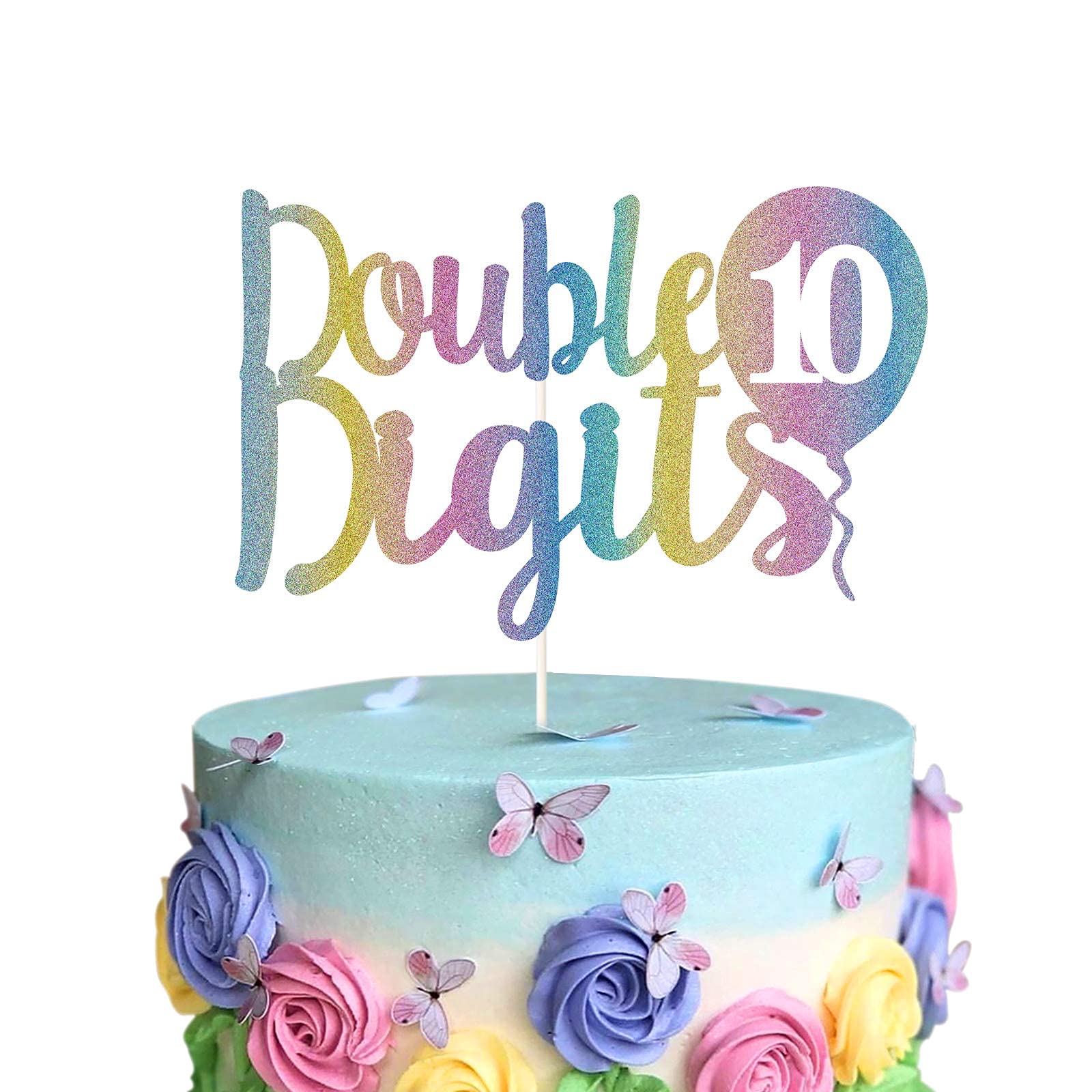 Double Digits 10th Birthday Cake Topper - Rainbow Glitter 10 Year Old Balloon Cake Decorations for Girls & Boys - Perfect for 10th Anniversary Parties, Milestone Celebrations & Birthday Cakes