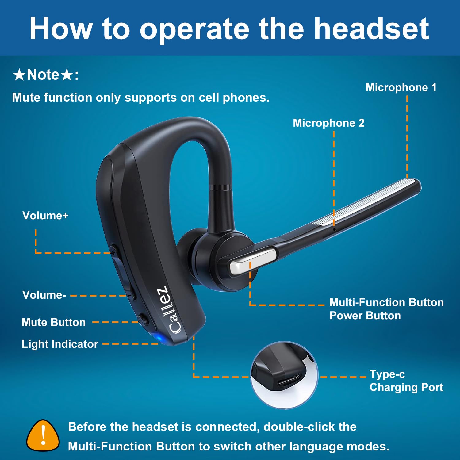 Wireless Bluetooth Headset V5.0 for iPhone & Android Phones - CVC8.0 Noise Cancelling Earpiece with Dual Mic, Mute/Volume Controls - Hands-Free Headset for Truckers, Business Calls & Office Use | Perfect for Driving, Conference Calls & Remote Work