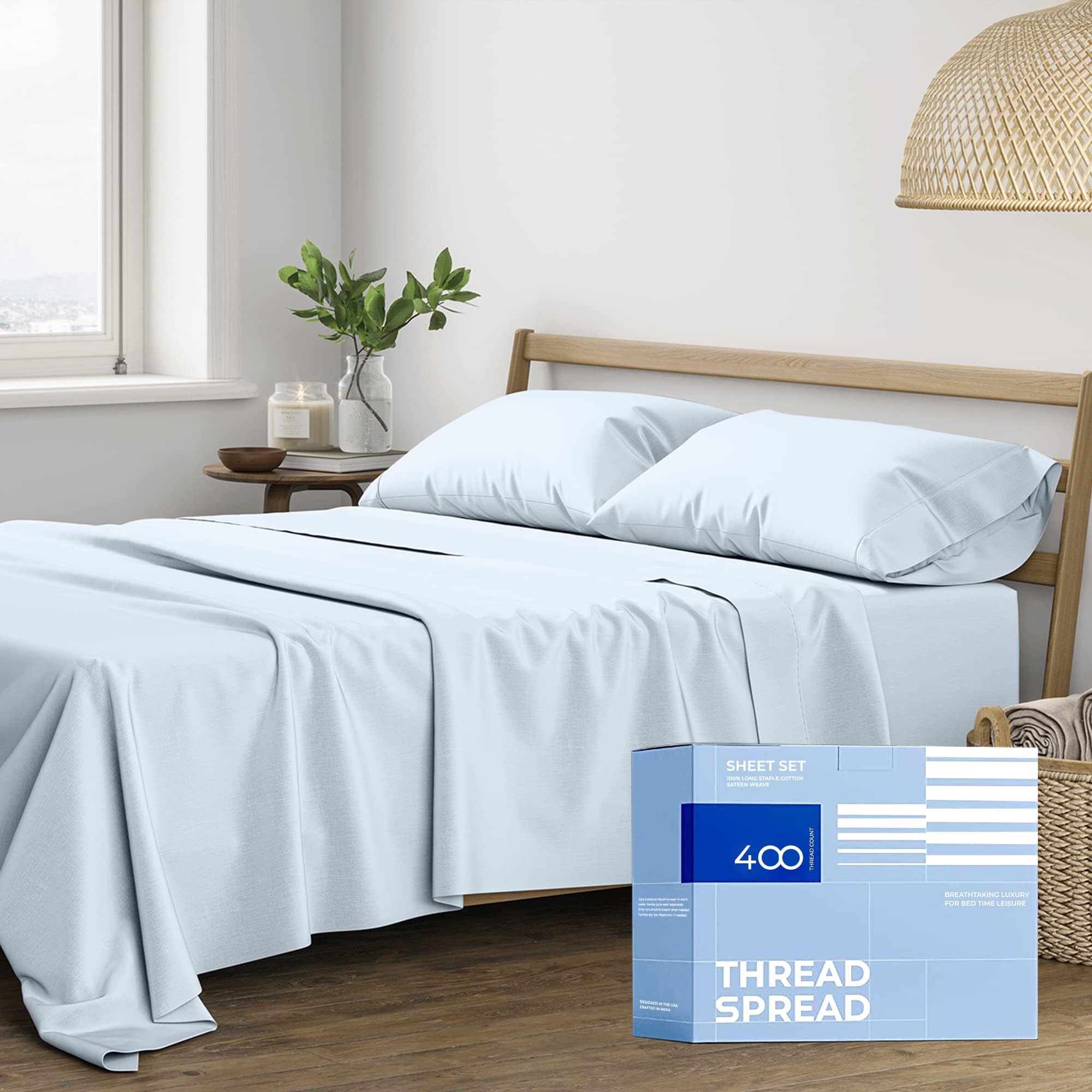 THREAD SPREAD Twin XL Sheet Set - 400 Thread Count 100% Cotton 3-Piece Cooling Luxury Sateen Sheets, Breathable Extra Long Twin XL Bedding for Dorm Room & College Students (Light Blue) - Perfect for Hot Sleepers & Small Spaces