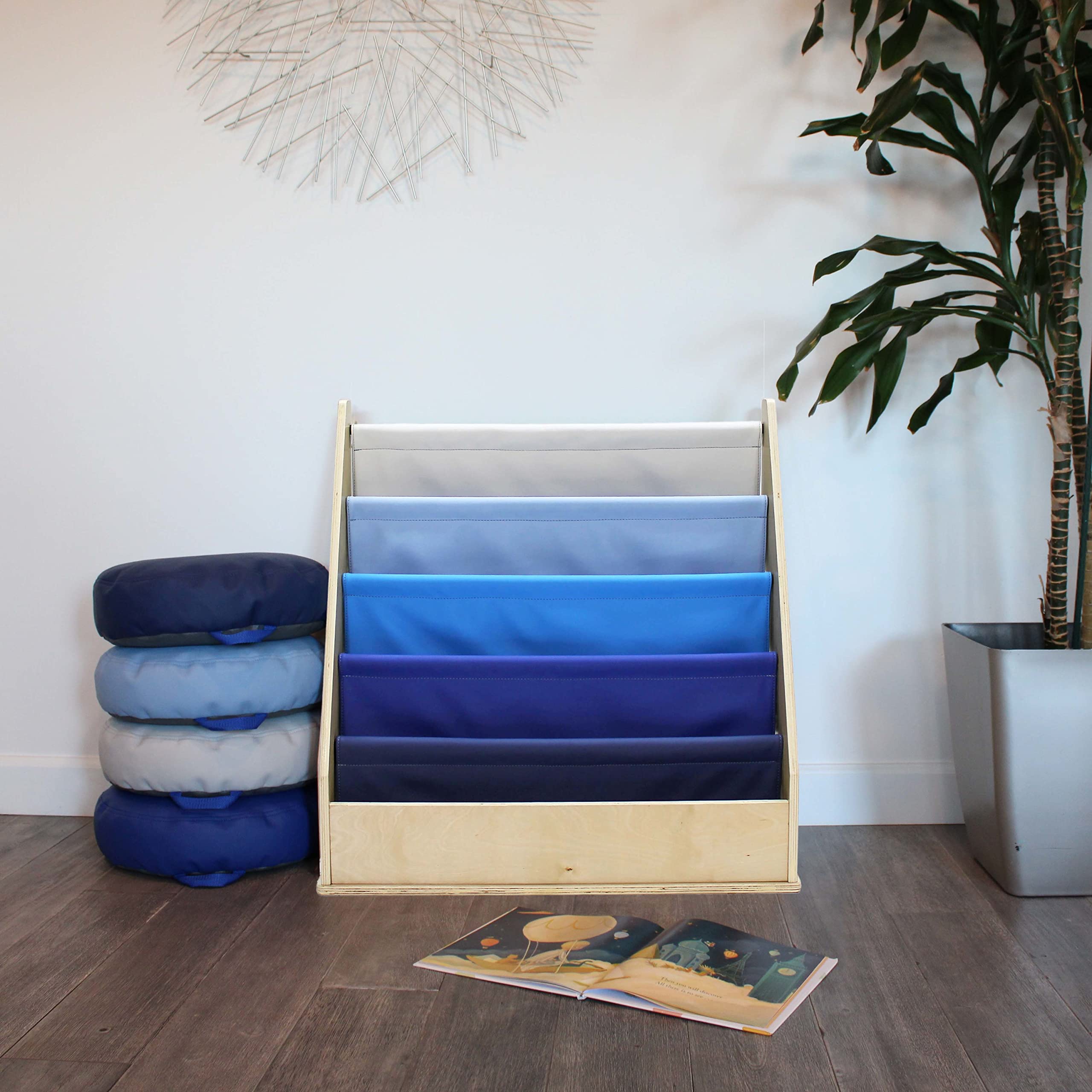 **Factory Direct Birch SoftScape Sling Book Display - 4-Shelf Vinyl Storage for Kids Books & Magazines - Navy/Powder Blue - Perfect for Bedroom, Playroom, Daycare, Preschool & Classroom Organization**    *(Use Case: Ideal for organizing children's books, magazines, and learning materials in home, school, or childcare settings.)*
