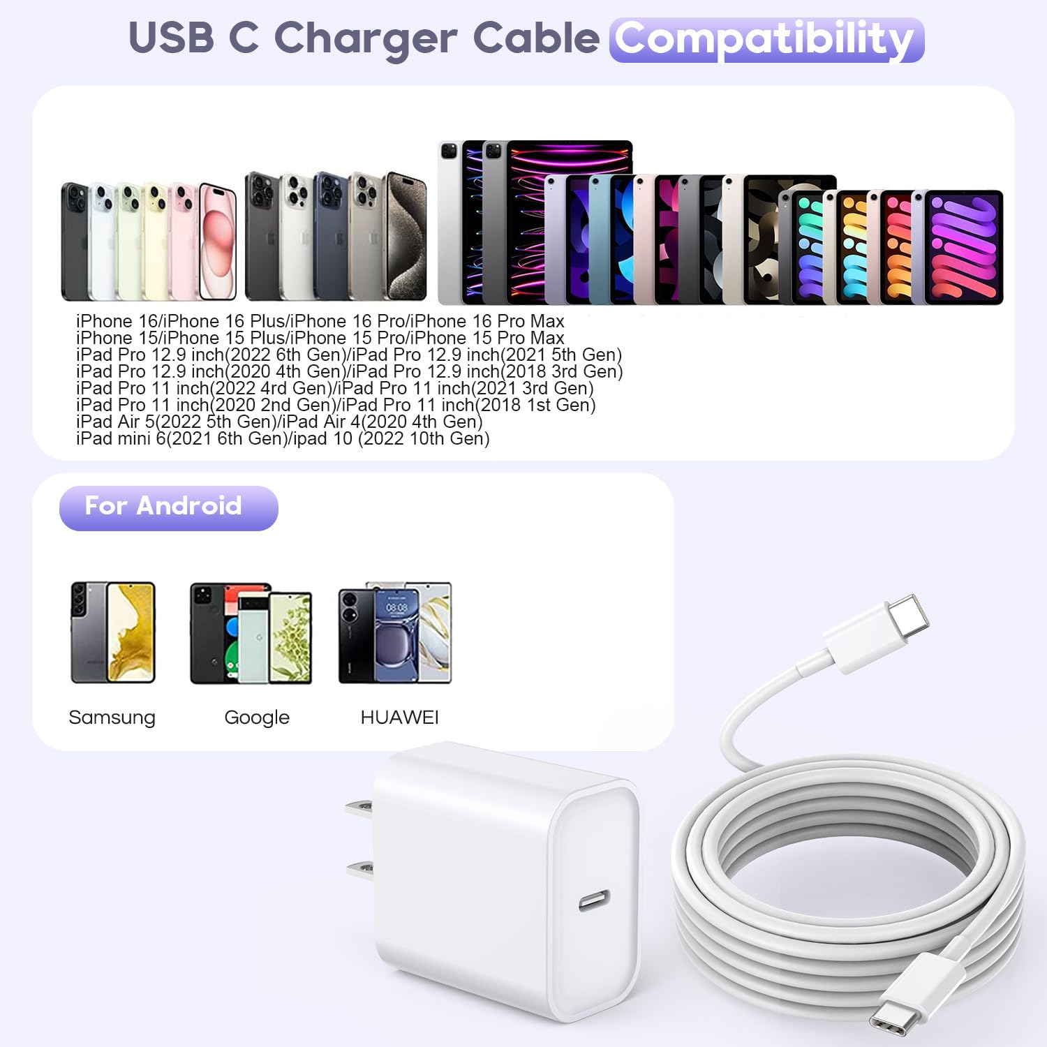 10FT iPhone 16/15 Fast Charger 2-Pack - 20W USB-C Power Adapter & Long Type-C Charging Cable - Compatible with iPhone 16/16 Pro/15/15 Pro Max/iPad Air/Pro - Perfect for Home, Office & Travel Charging