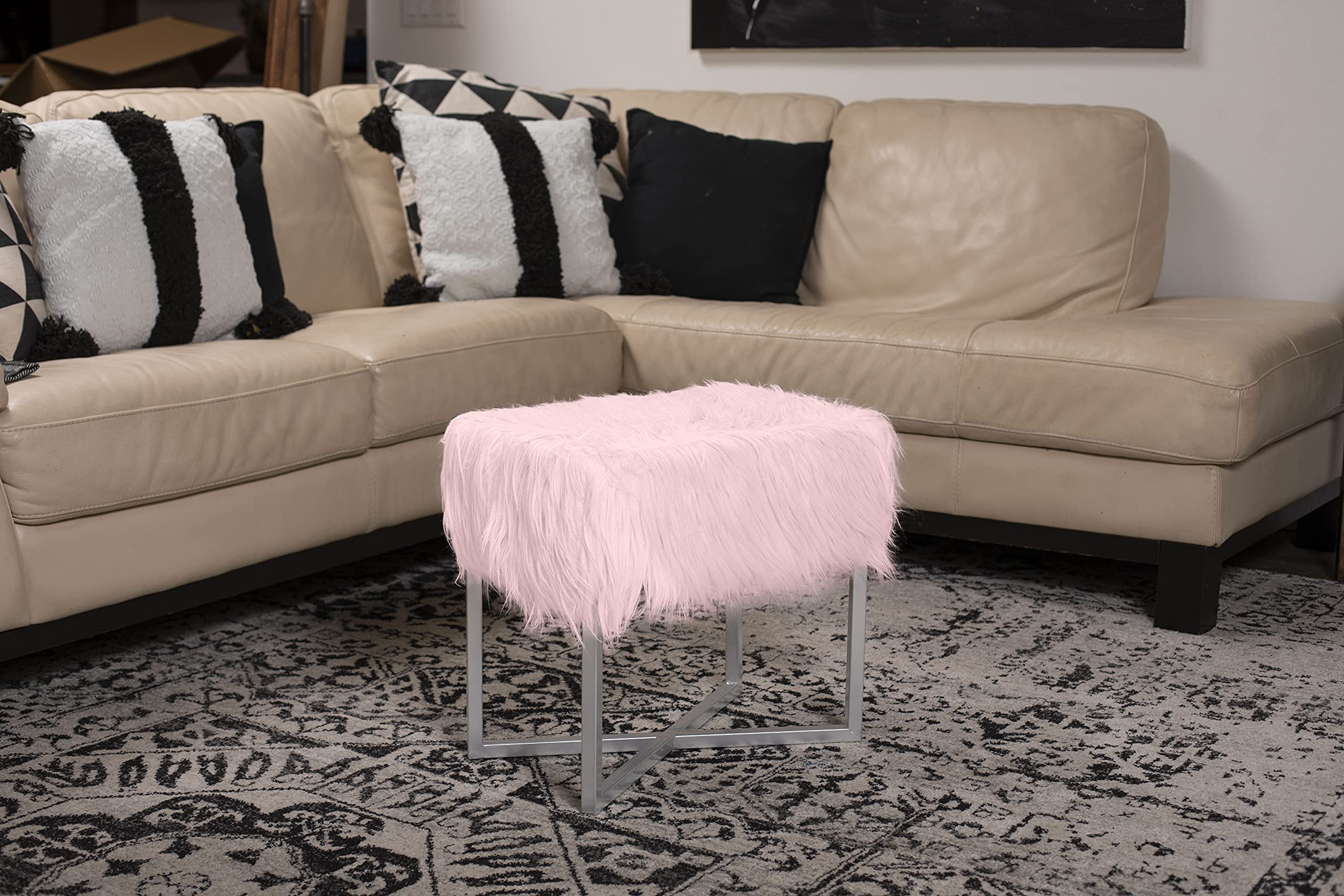 BIRDROCK HOME Small Pink Rectangular Faux Fur Vanity Stool Ottoman with White Metal Legs - Fluffy Makeup Seat & Cute Footrest - Perfect for Bedroom, Dressing Table, Girls Dorm or Office Desk - Compact Chair for Home Decor & Vanity Area