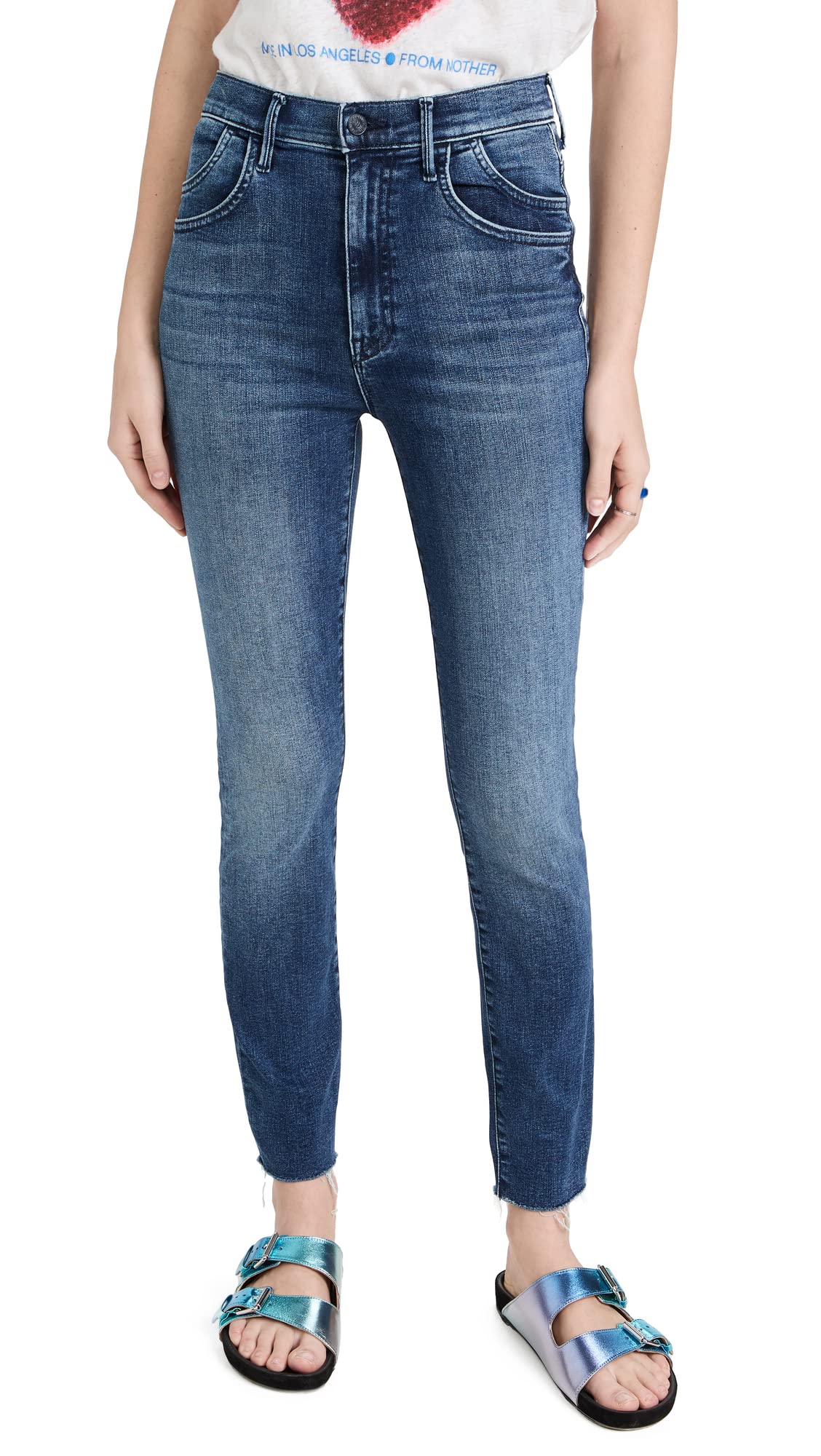 MOTHER Women's The Stash Swooner Ankle Fray Jeans - High Waisted Distressed Denim Pants for Casual Wear & Night Out
