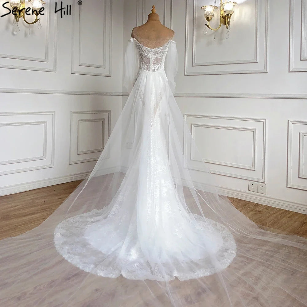 Elegant Off Shoulder Lantern Sleeves Wedding Dress with Crystal Lace - Custom Made Mermaid Bridal Gown for Dubai Weddings & Formal Events | Serene Hill HA2402
