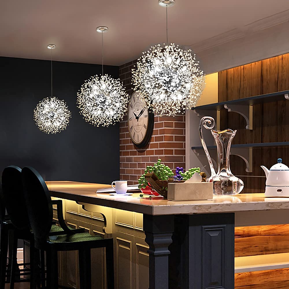 16-Light Modern Chrome Round Firework Pendant Chandelier - Dandelion Crystal Ceiling Light Fixture for Dining Room, Bedroom, Living Room | Elegant Lighting for Home Decor, Wedding Venues & Luxury Spaces