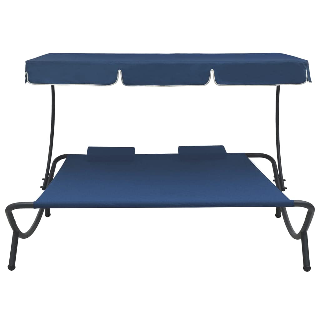 SKM Patio Lounge Bed with Canopy & Pillows - Outdoor Relaxation Furniture for Poolside, Garden, or Backyard - Blue