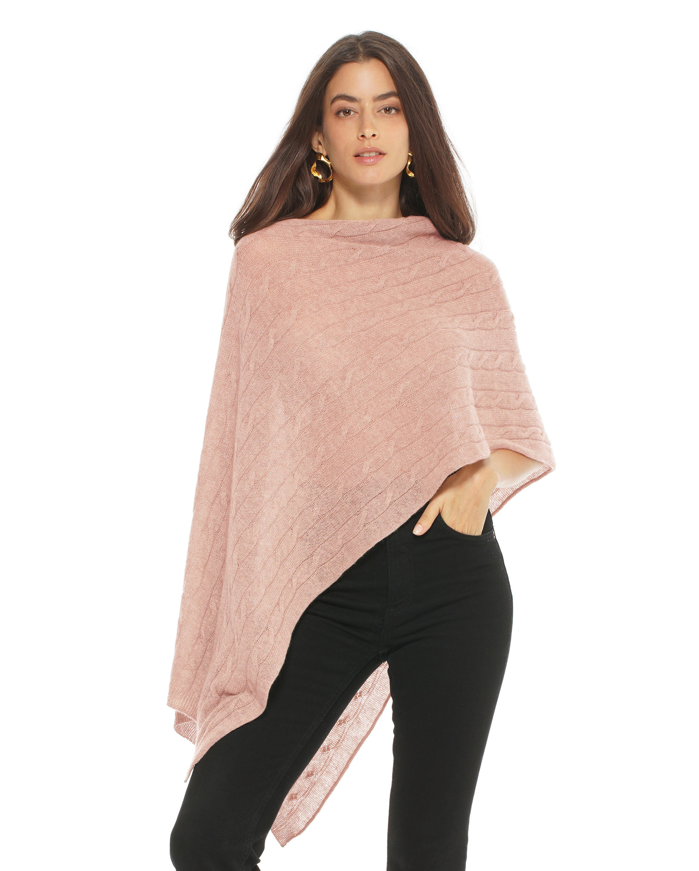 Luxury Women's Pure Cashmere Cable Knit Poncho - Soft Peach Winter Wrap Shawl for Office, Travel & Cozy Evenings