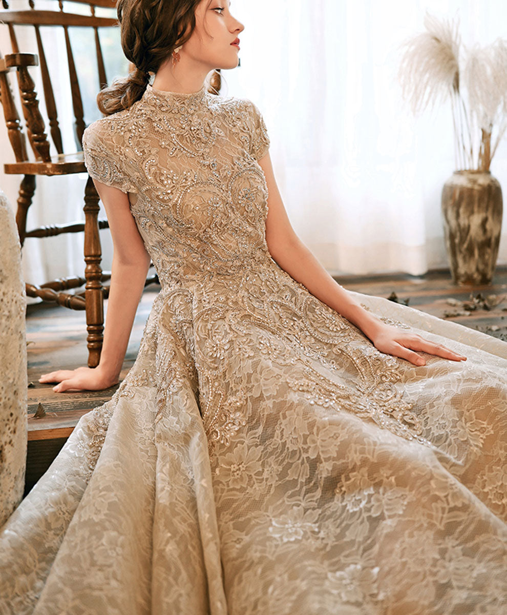 Elegant Champagne High Neck Lace Prom Dress for Women - Formal Evening Gown for Homecoming, Wedding, and Special Occasions
