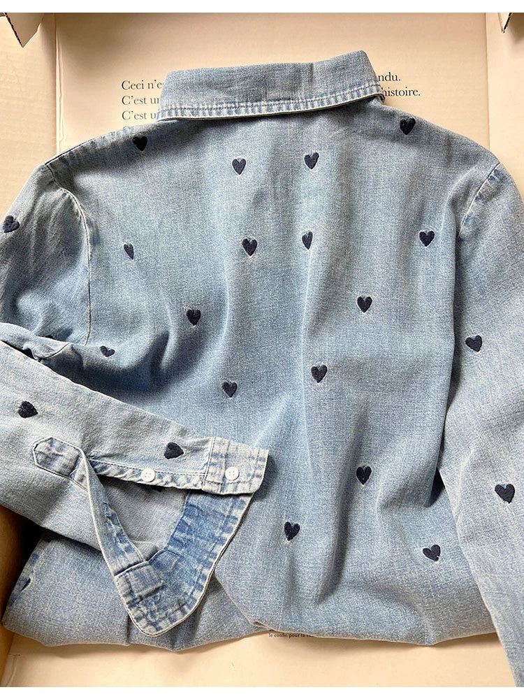 Women's Heart Embroidery Denim Shirt - Turn Down Collar Long Sleeve Blouse for Valentine's Day Gifts | Casual Wear, Date Night Outfit, Romantic Occasion Fashion