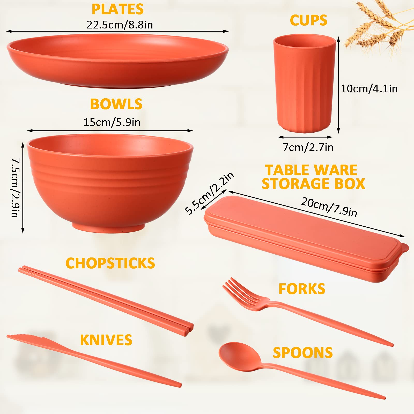56-Piece Wheat Straw Dinnerware Set - Unbreakable Plastic Plates & Bowls for Kids, Travel, Picnic, Camping | Colorful, Dishwasher & Microwave Safe, Lightweight Reusable Tableware | Perfect for Outdoor Adventures, Family Gatherings & Daily Meals