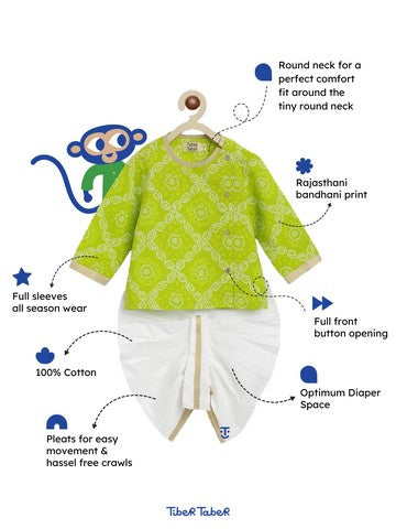 Pre Order: Baby Boy Bandhani Print Cotton Dhoti Kurta Set - Green | Traditional Indian Ethnic Wear for Festivals & Special Occasions