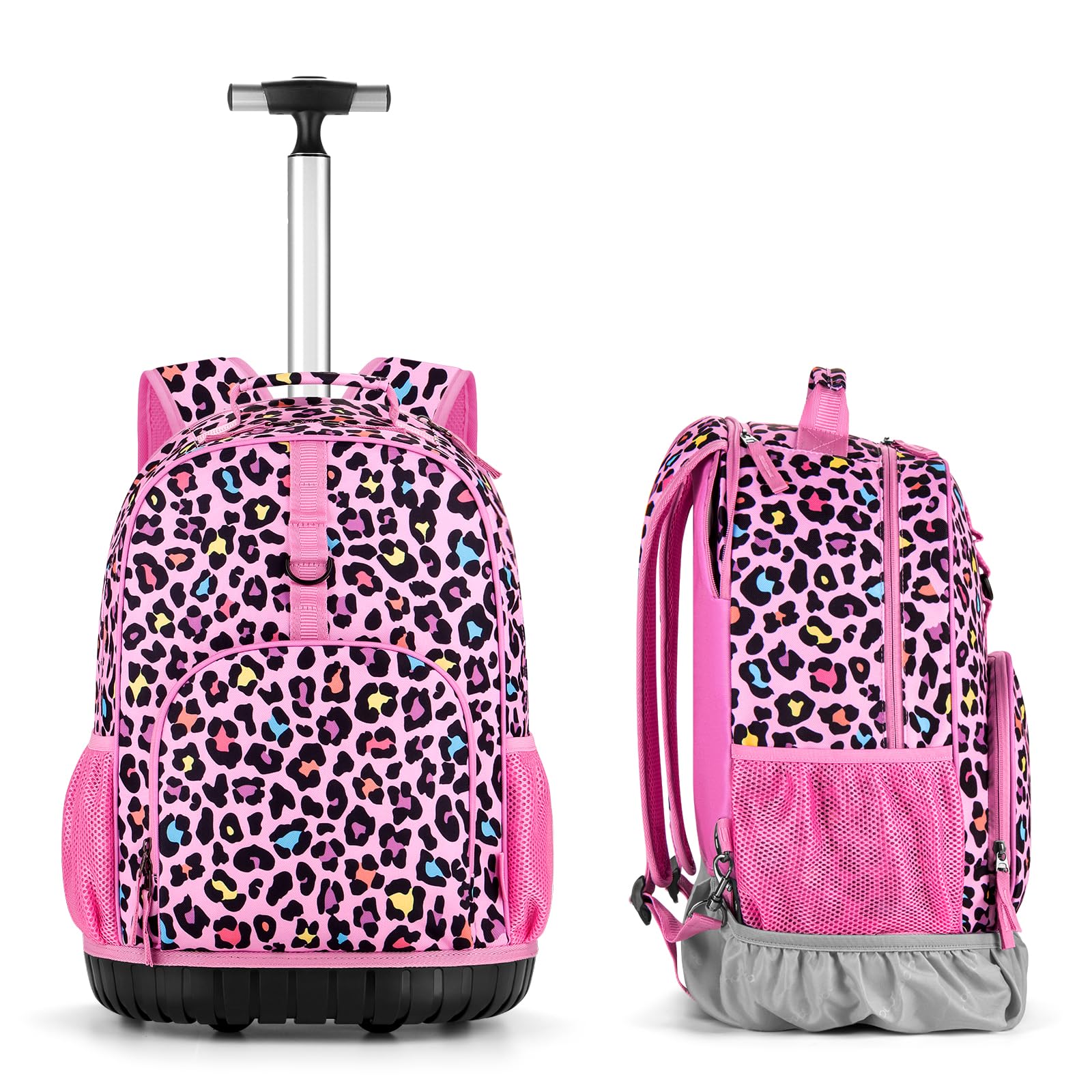 Choco Mocha 18 Inch Rolling Backpack for Girls - Kids Travel Roller Bookbag with Wheels & Matching Lunch Bag Set - Leopard Cheetah Pink Print - Perfect for Elementary School, Airplane Travel & Daily Commute