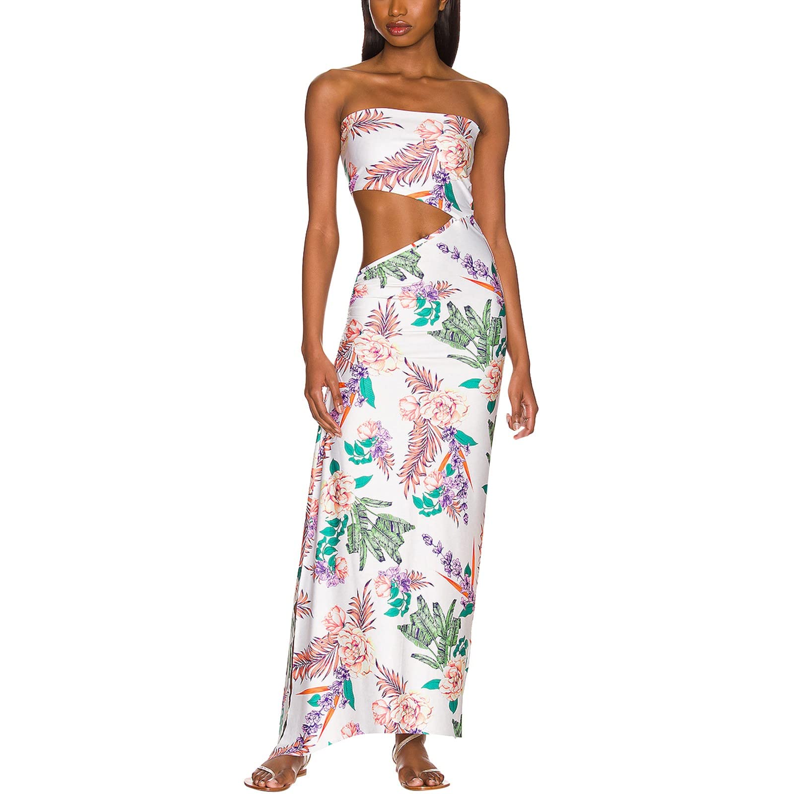 Boho Floral Print White Strapless Bodycon Long Dress for Women - Elegant Summer Party, Beach Wedding, and Evening Occasion Dress
