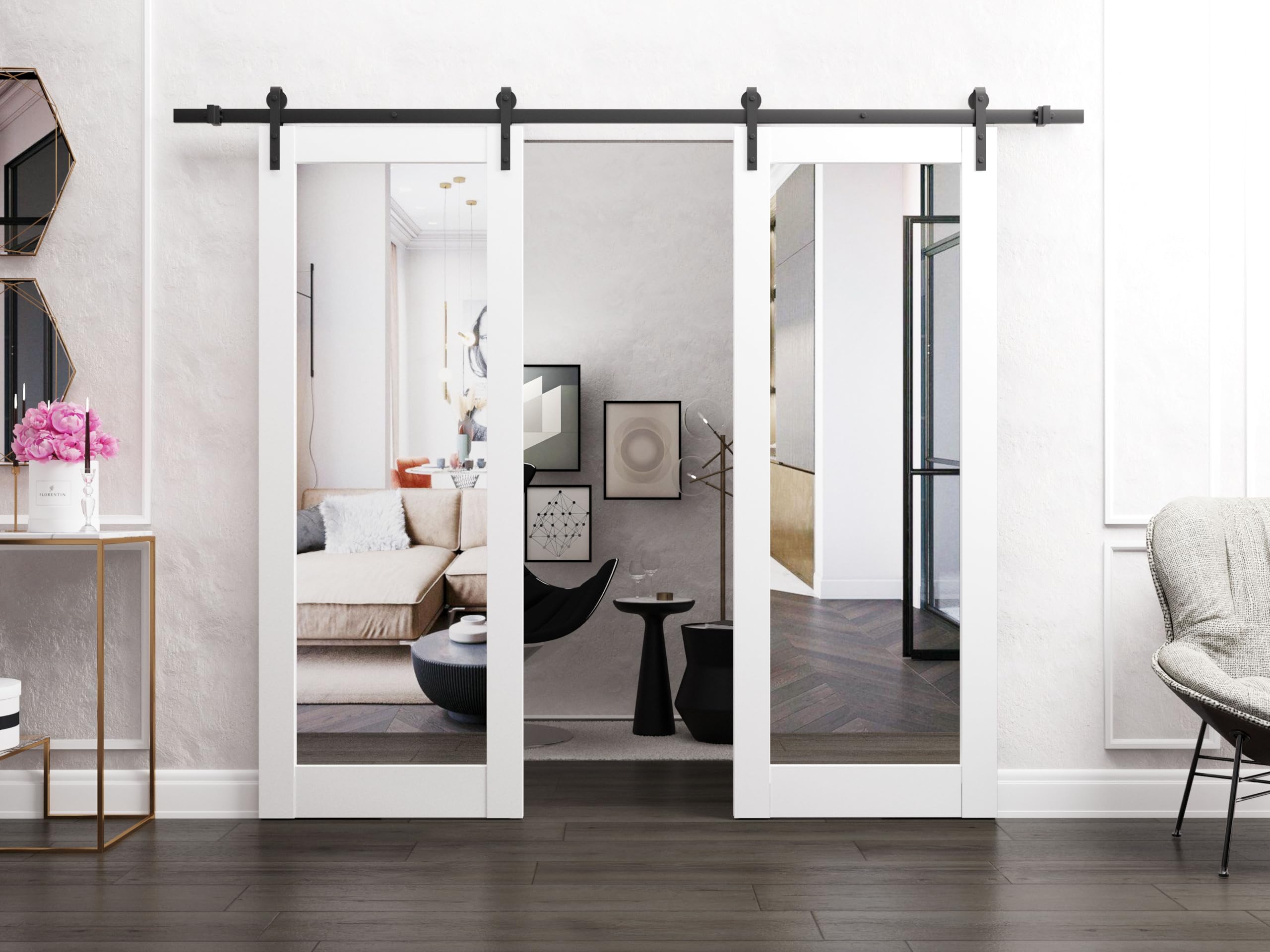 Sturdy 64 x 80 Inch Double Barn Door with Mirror - Lucia 1299 White Silk Finish | 13FT Heavy Duty Rail Hangers | Solid Panel Interior Doors for Bedroom, Living Room & Farmhouse Style Homes