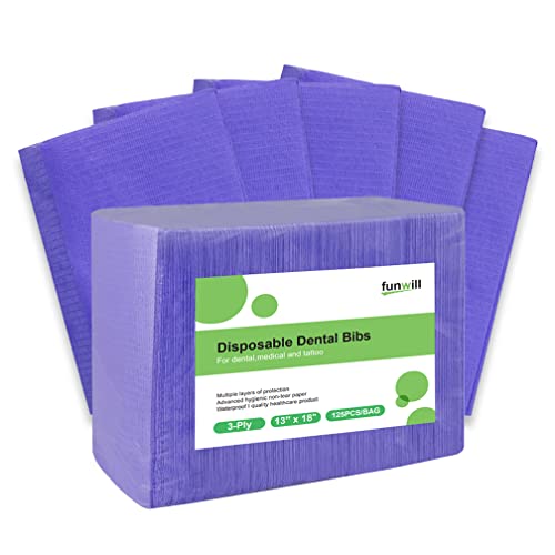 Funwill Disposable Dental Bibs - 125 Pack, Waterproof 3-Ply Purple Tattoo & Dental Patient Bibs, 13