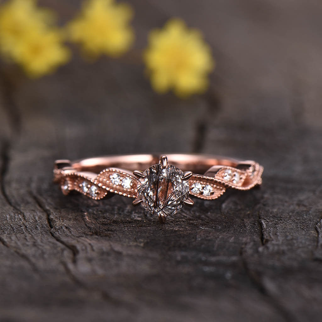 14K/18K Gold Unique Milgrain Black Rutilated Quartz Engagement Ring - Bezel Set Solitaire Ring for Women, Vintage Style Wedding Band, Perfect Proposal Gift for Her (Occasions: Engagement, Anniversary, Valentine's Day)