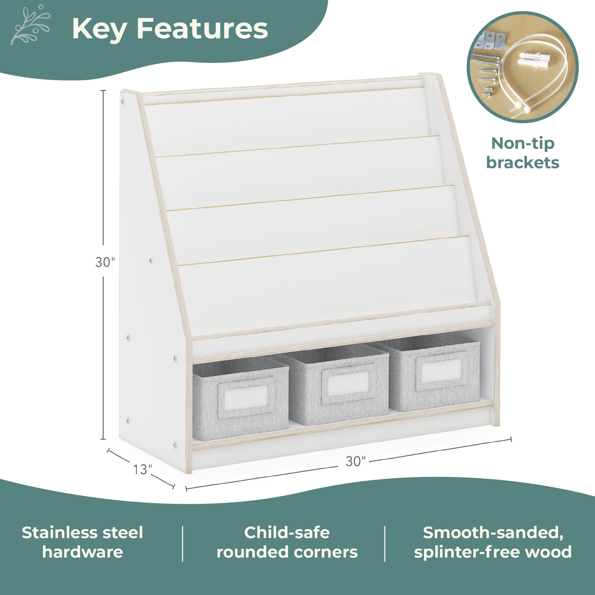Guidecraft EdQ Book and Bin Display White with 3 Storage Bins - Wooden Kids Bookcase & Toy Storage Organizer for Homeschool, Classroom & Playroom - Sturdy Bookshelf Furniture for Children's Books, Toys & Learning Supplies