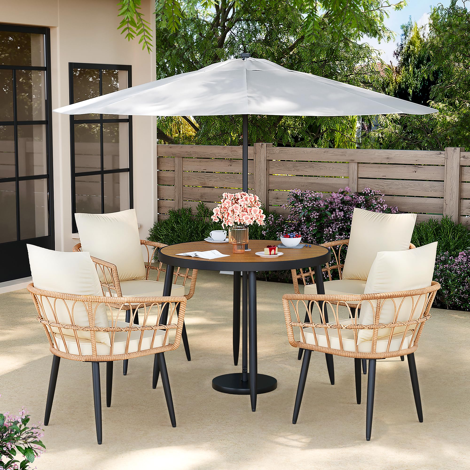 5-Piece All-Weather PE Rattan Patio Dining Set with Wood Table Top & Removable Cushions - Cream Outdoor Furniture for Garden, Lawn, Backyard - Perfect for Al Fresco Dining, Entertaining Guests, and Relaxing Outdoors